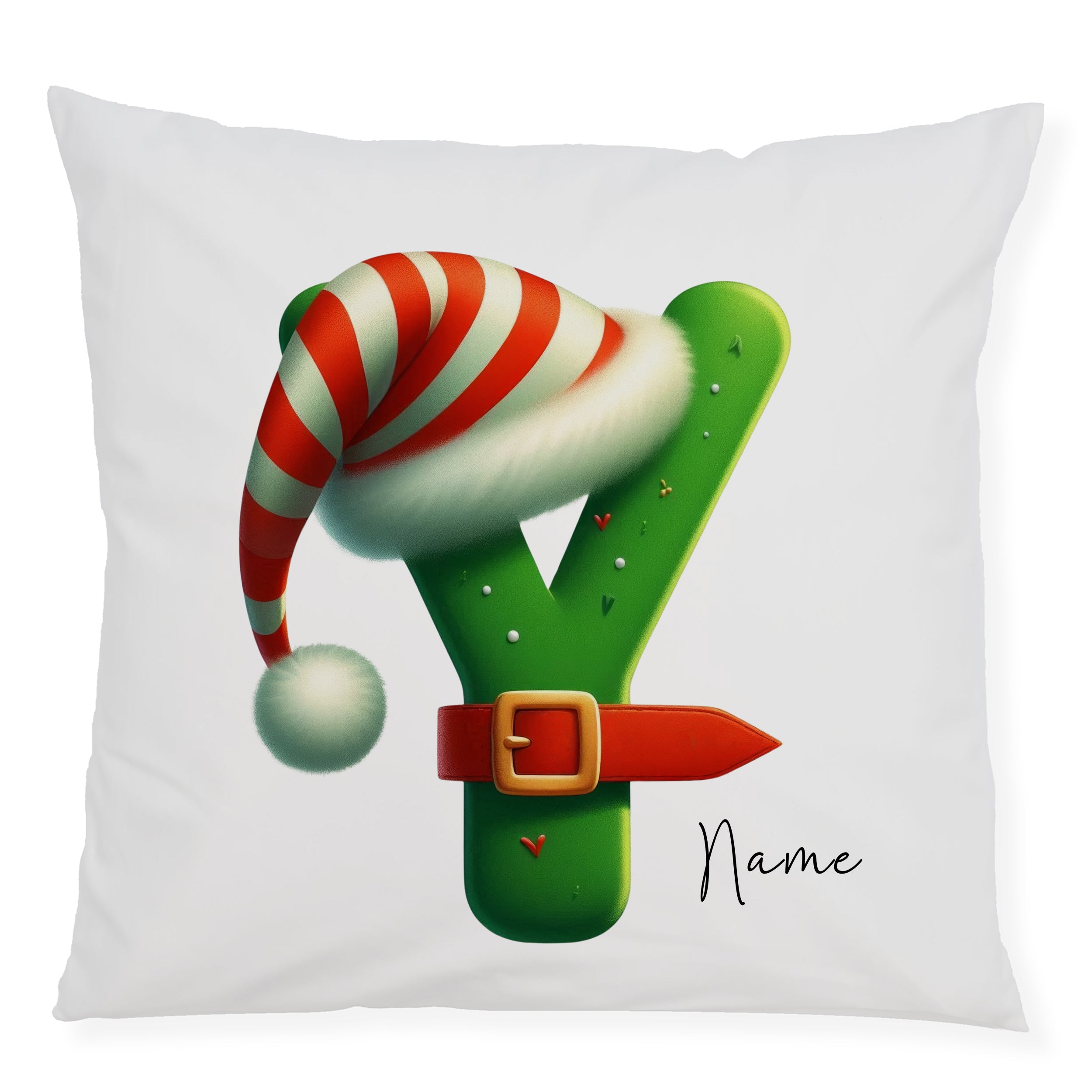 Grüne Kissen mit Weihnachtsmütze und personalisierbarem Namen.