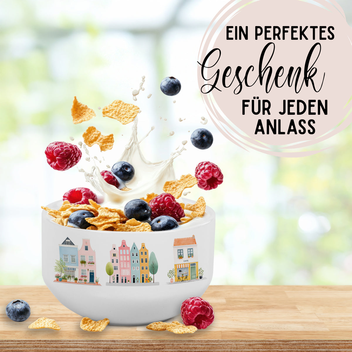 Müslischale mit Häuser-Motiv und Wunschname als Geschenkidee