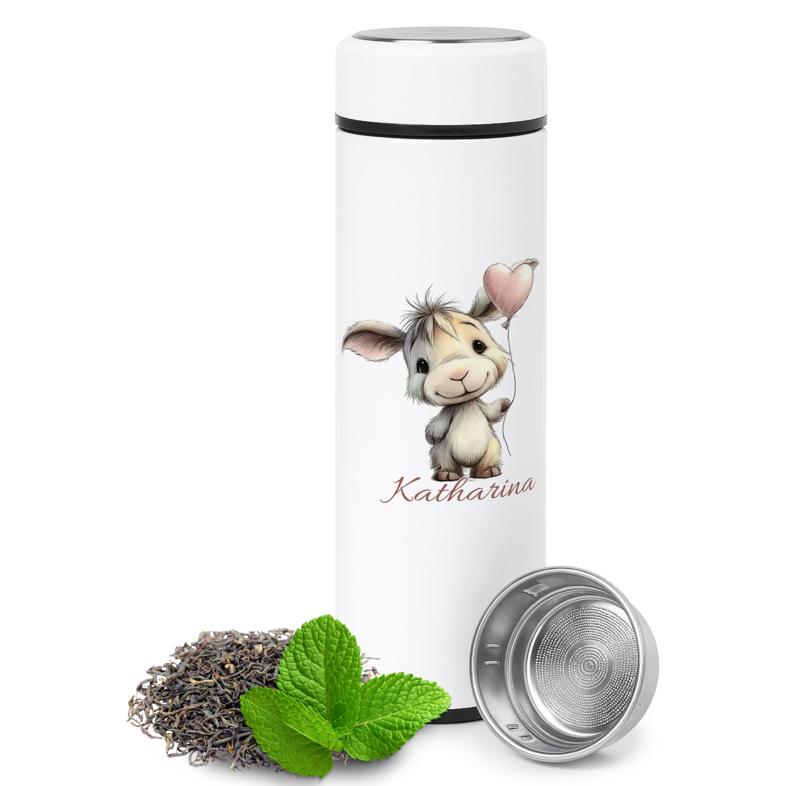 Weißer Teebecher mit Tiermotiv, personalisiert, mit Sieb.