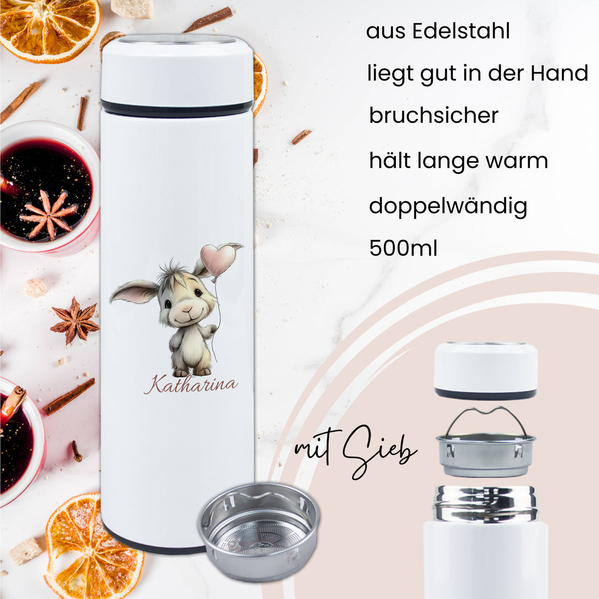 Edelstahl-Wasserflasche, weiß, 500ml, mit Sieb und Tiermotiv.