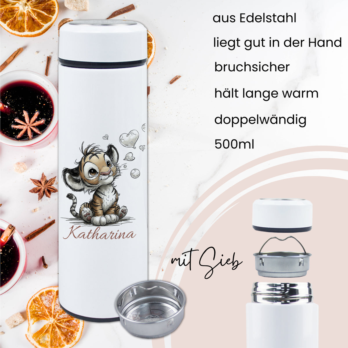 Edelstahl-Wasserflasche, weiß mit Tiermotiv, 500ml, doppelwandig.