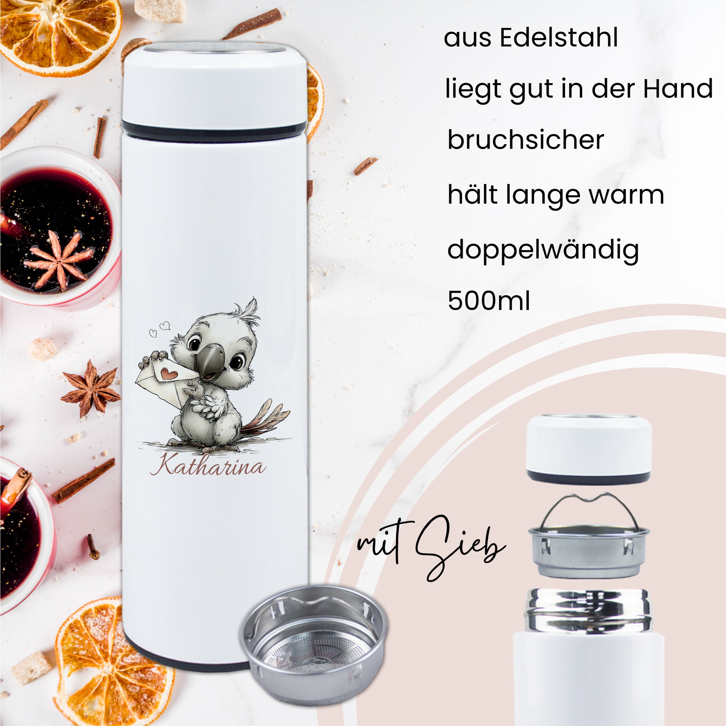 Edelstahl-Thermosflasche, weiß, 500ml, doppelwandig, bruchsicher.