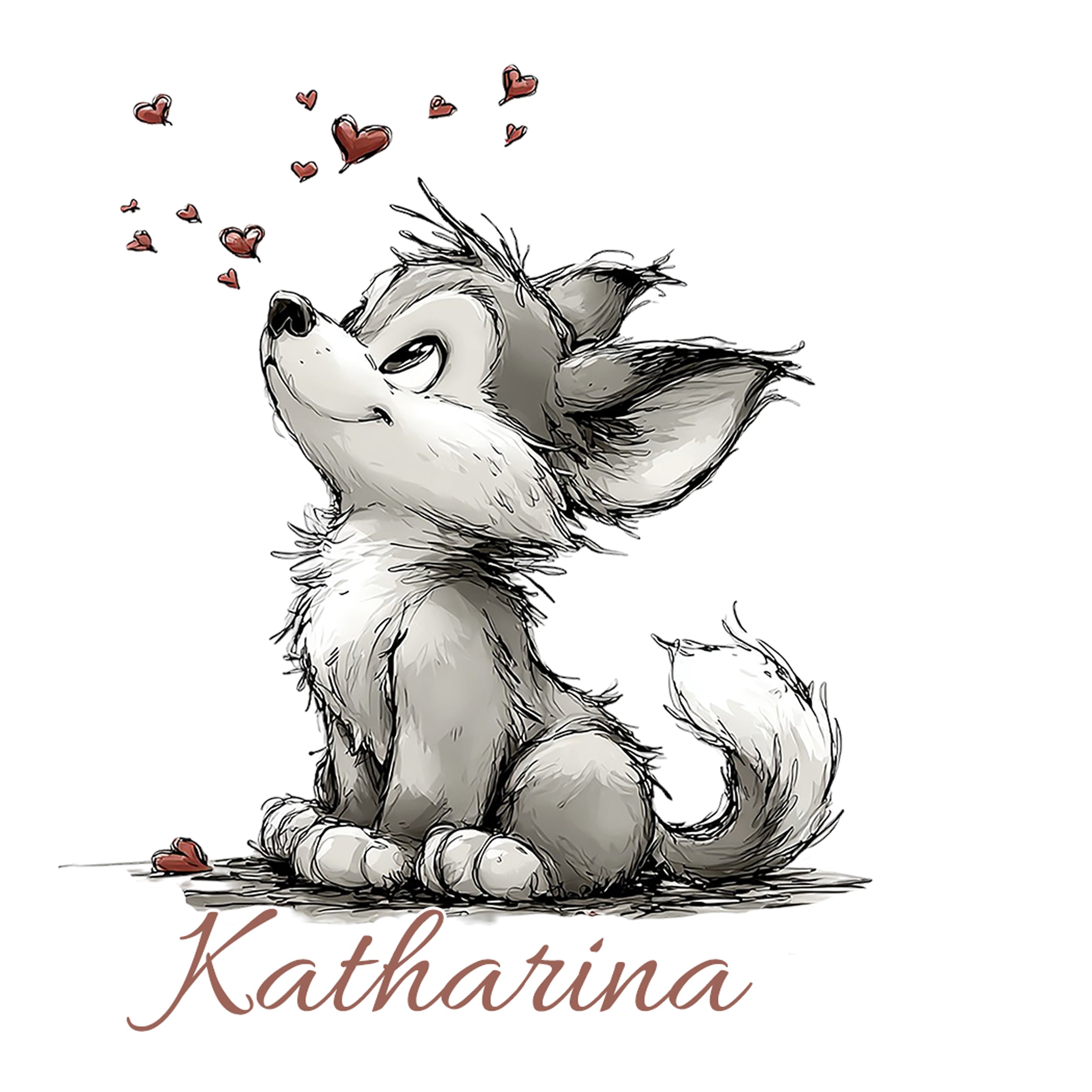 Grauer Hund mit Herzen, Name "Katharina" darunter.
