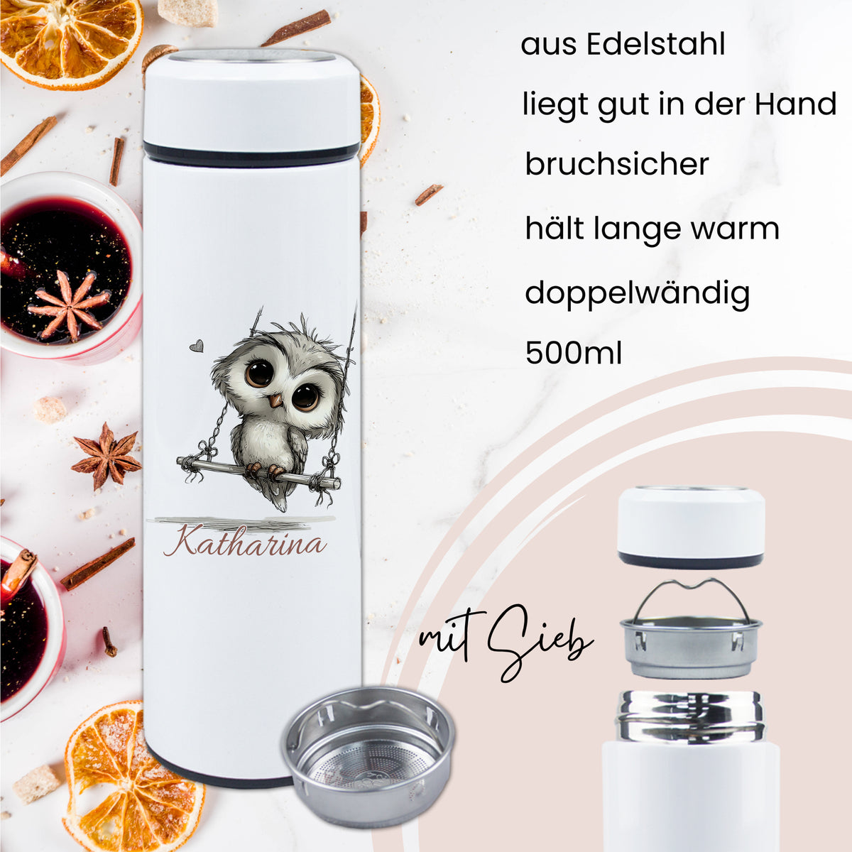 Edelstahl-Thermosflasche mit Eule, 500ml, bruchsicher, doppelwandig.