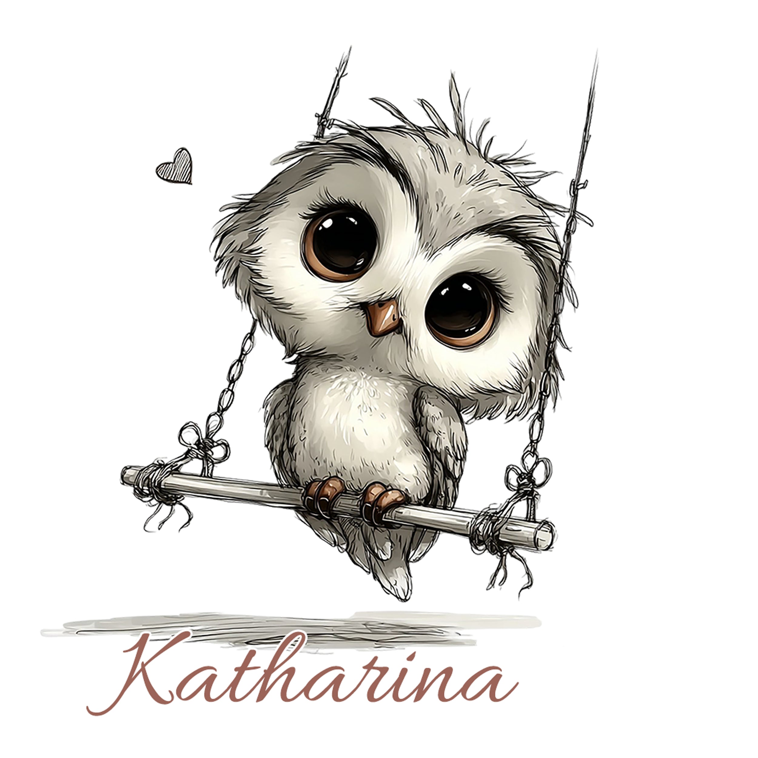 Eule auf Schaukel, grau-weiß, große Augen, Name Katharina.