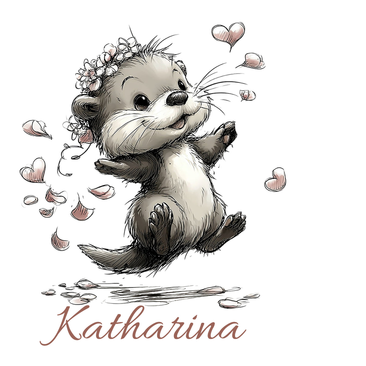 Süßes Otter-Mädchen mit Blumenkranz und Herzchen.