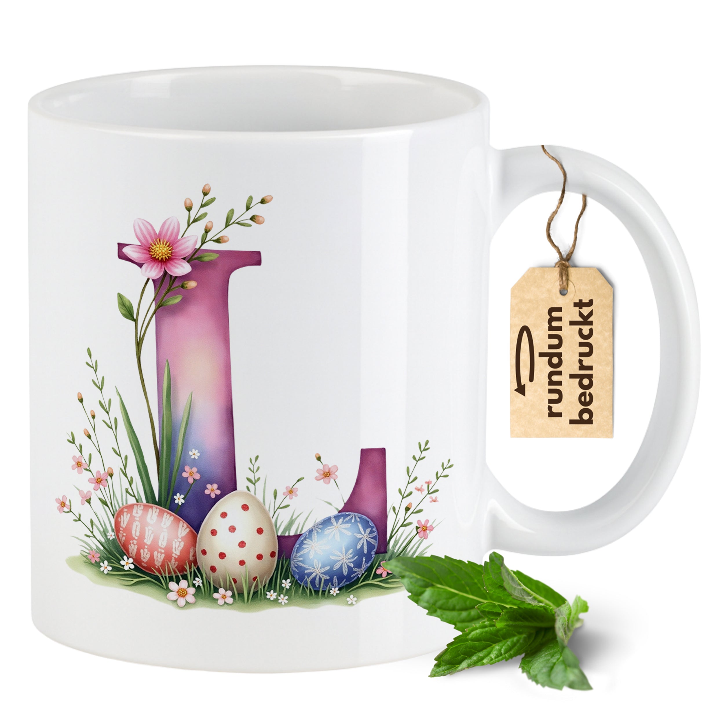 Tasse mit floralem Design und bunten Ostereiern.
