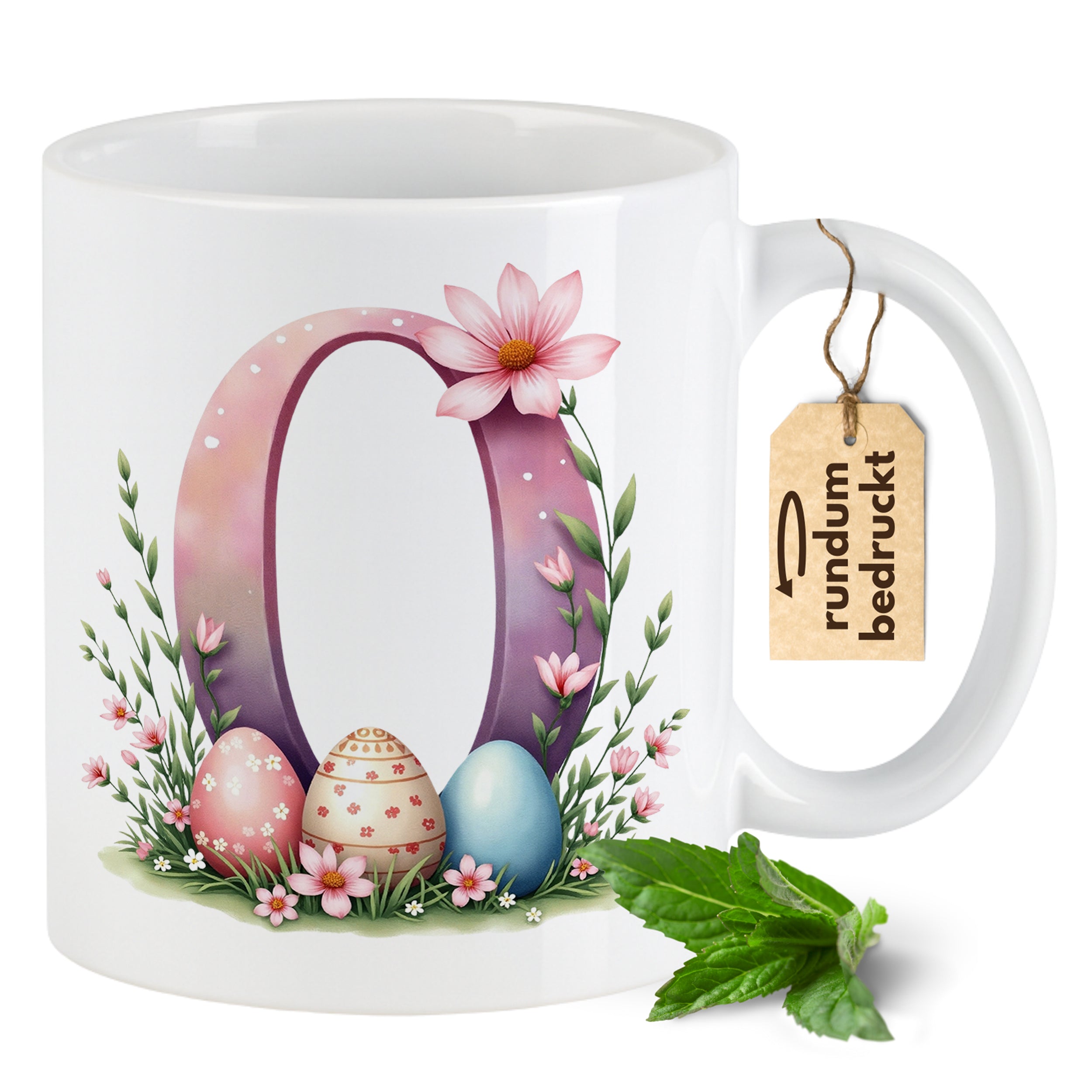 Tasse mit buntem Ostermotiv und floralem Design.