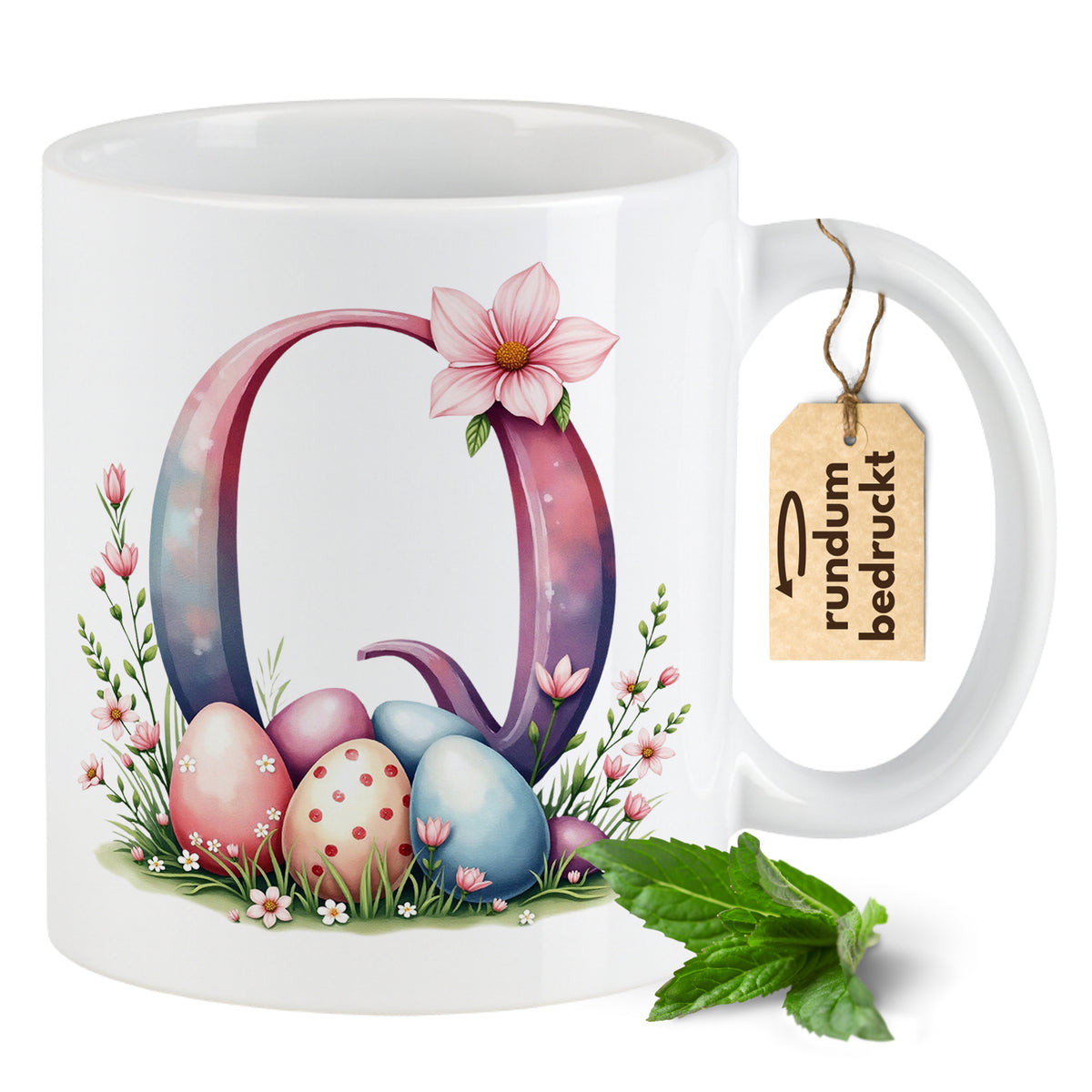 Kaffeetasse mit bunten Ostereiern und floralen Motiven.