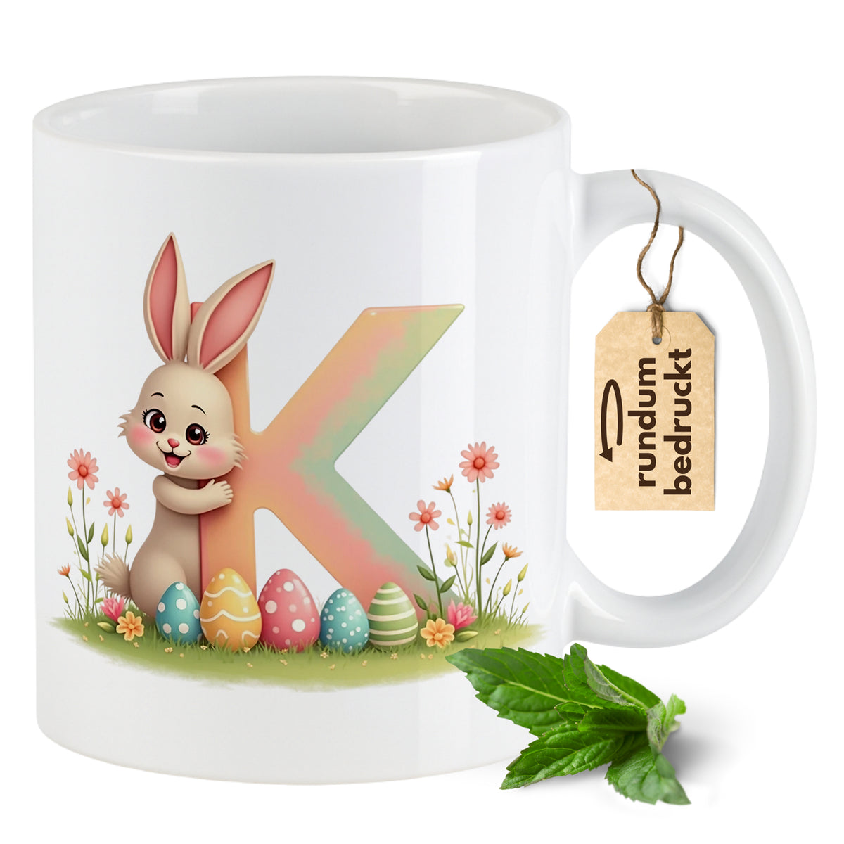 Tasse mit buntem Osterhasen und Eiern, fröhliches Design.
