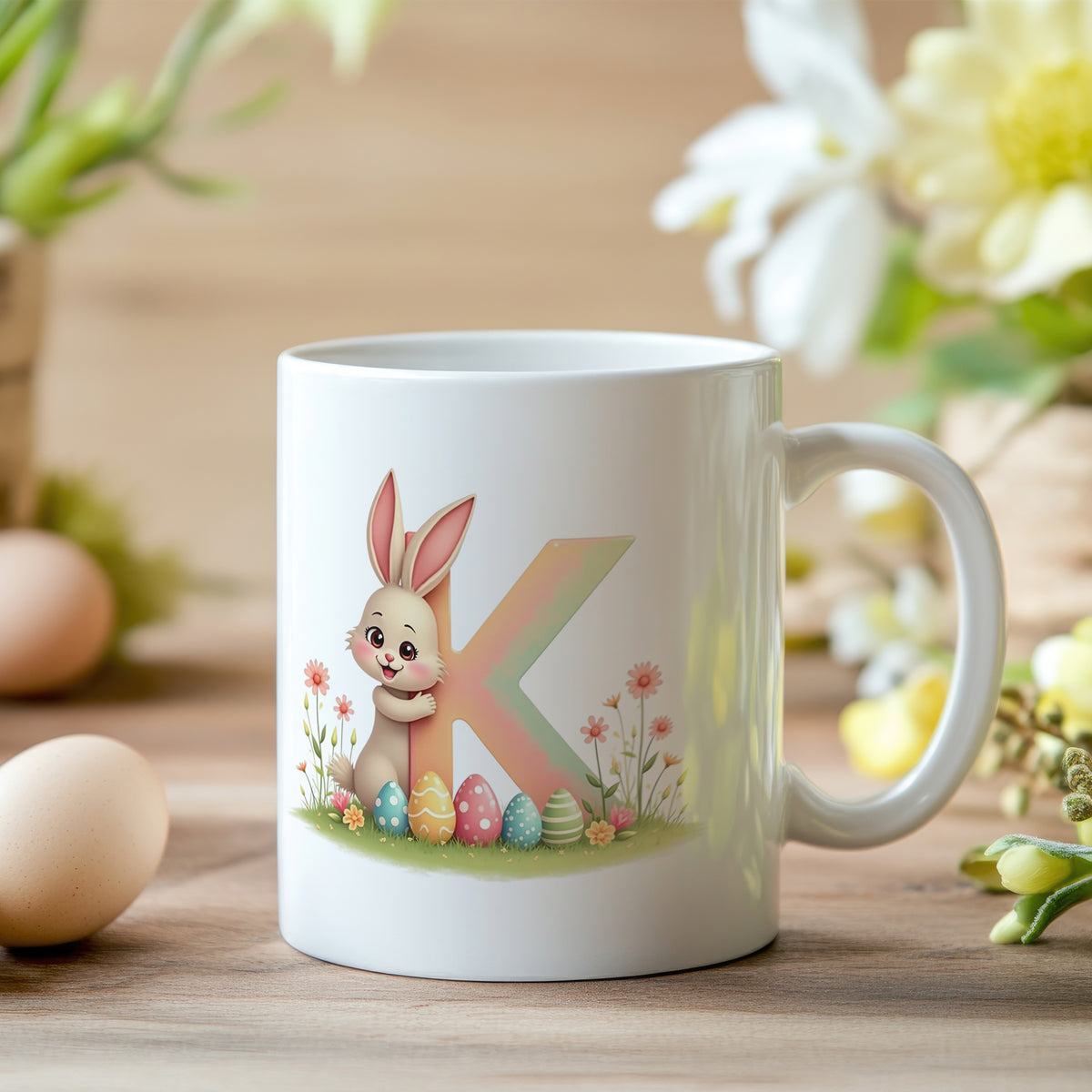 Weißer Becher mit buntem Osterhasen und Eiern.