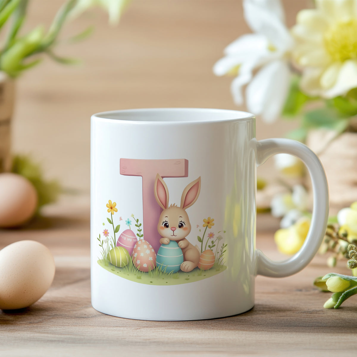 Tasse mit niedlichem Hasen und bunten Ostereiern.