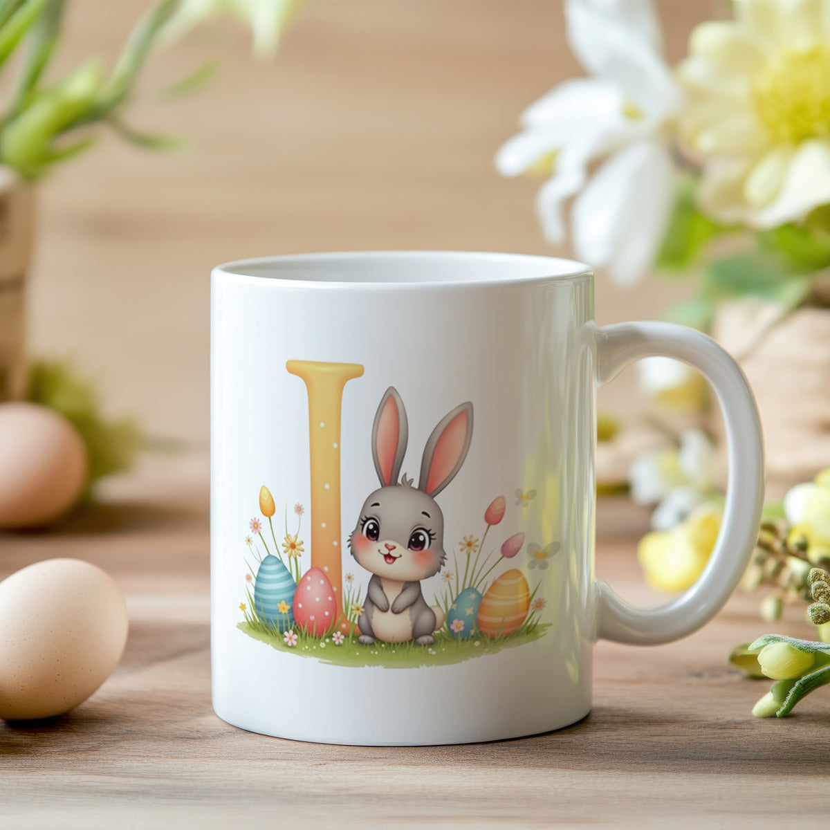 Tasse mit niedlichem Hasen, bunten Eiern und frühlingshaften Blumen.