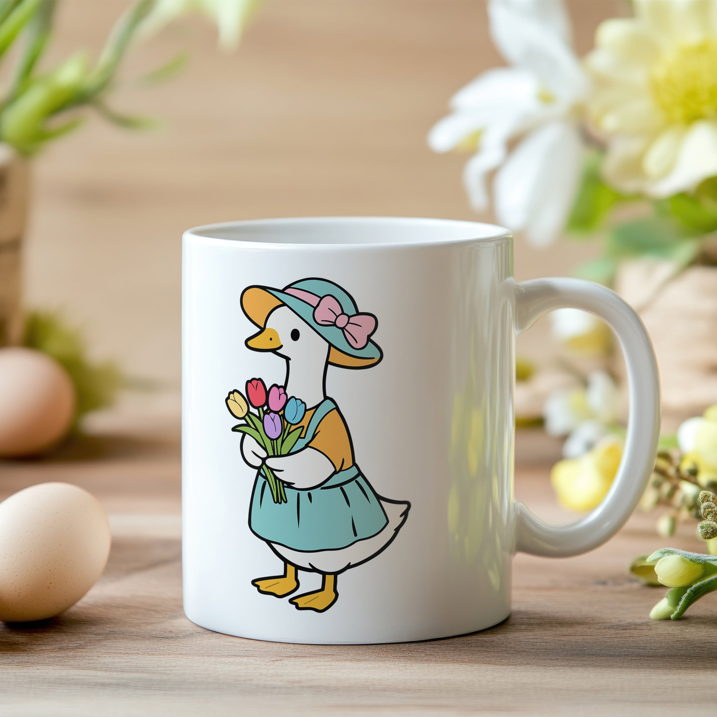 Tasse mit einer Gans, die Blumen hält, pastellfarben.