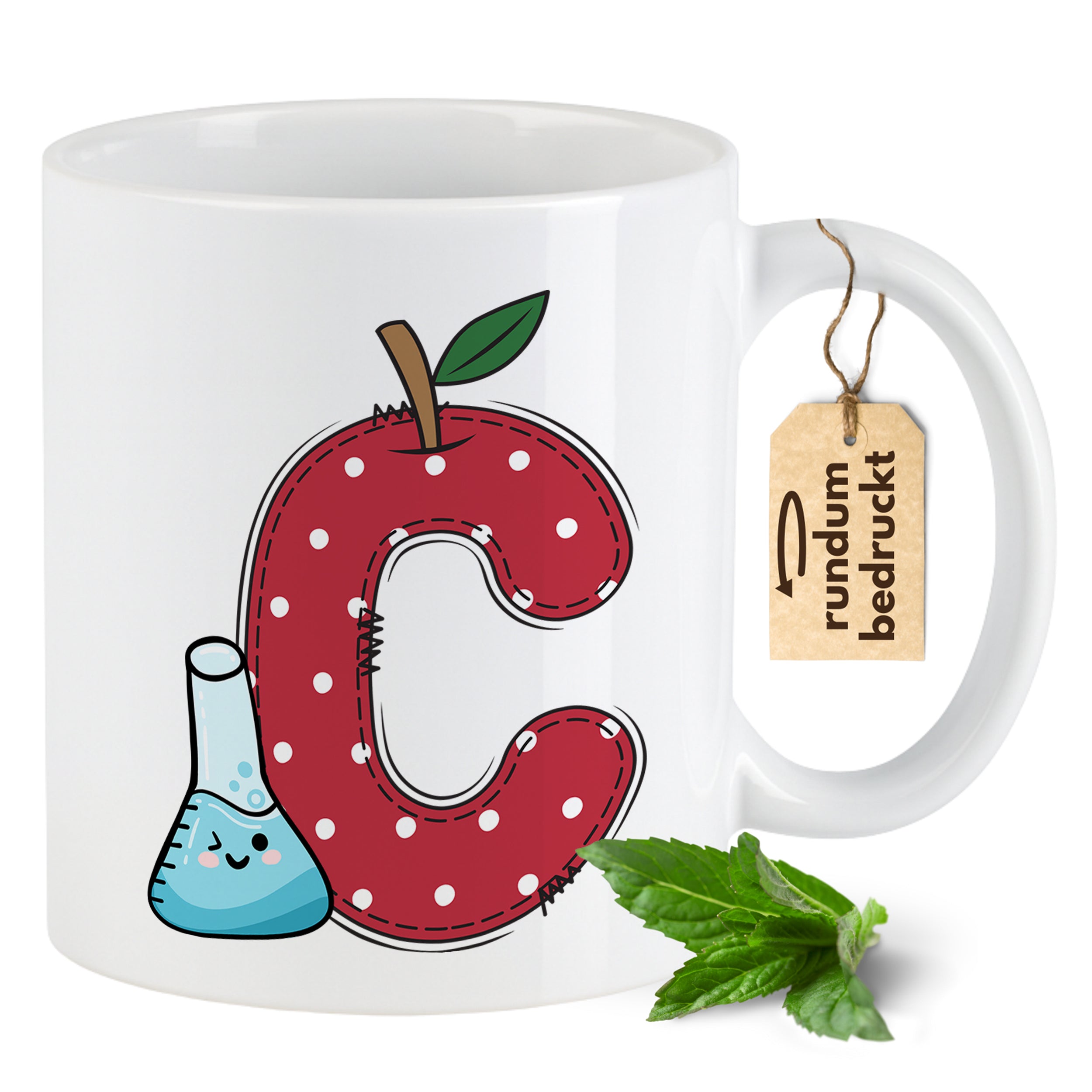 Tasse mit rotem Buchstaben C und Erlenmeyerkolben.