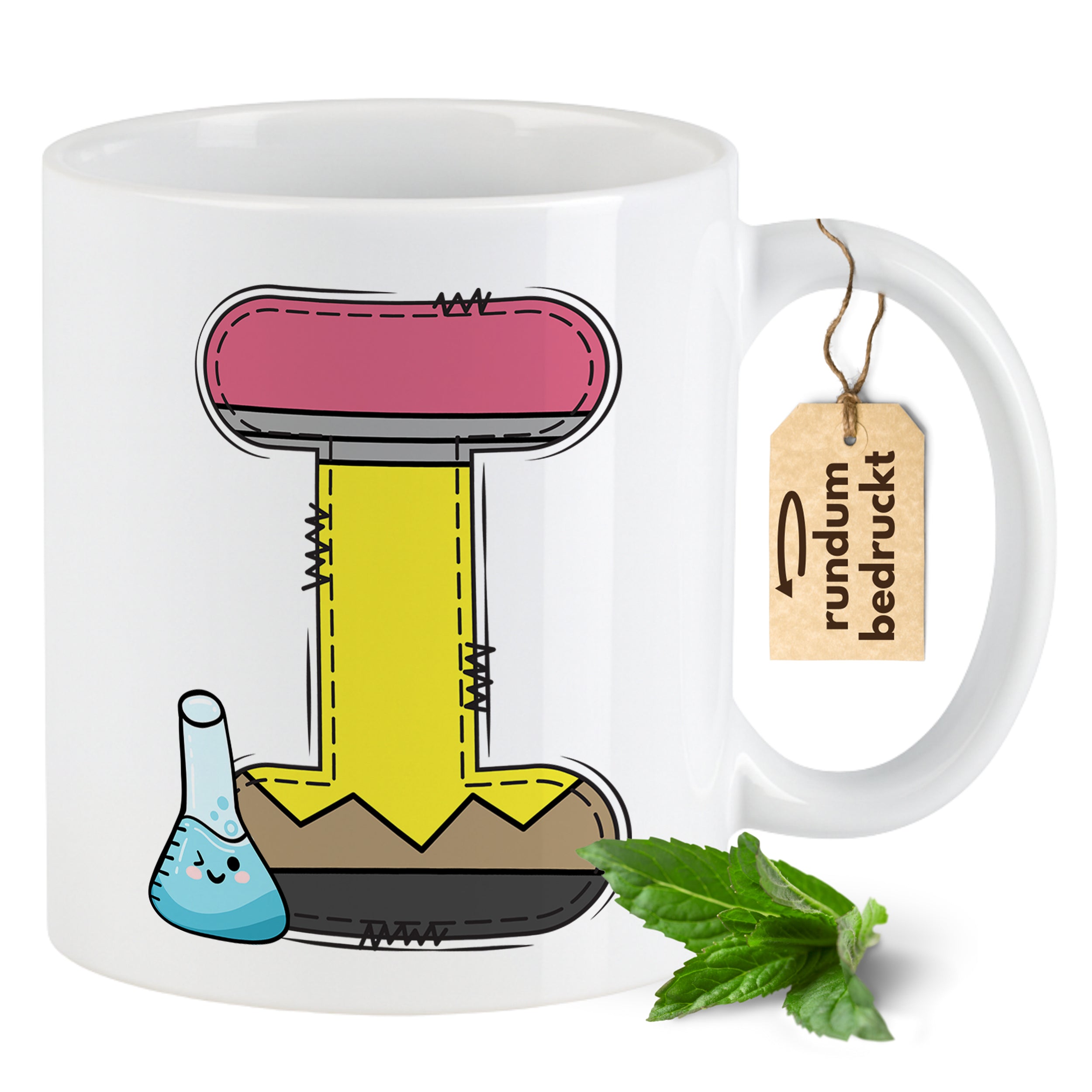 Weißer Becher mit buntem, lustigem Labor-Design.