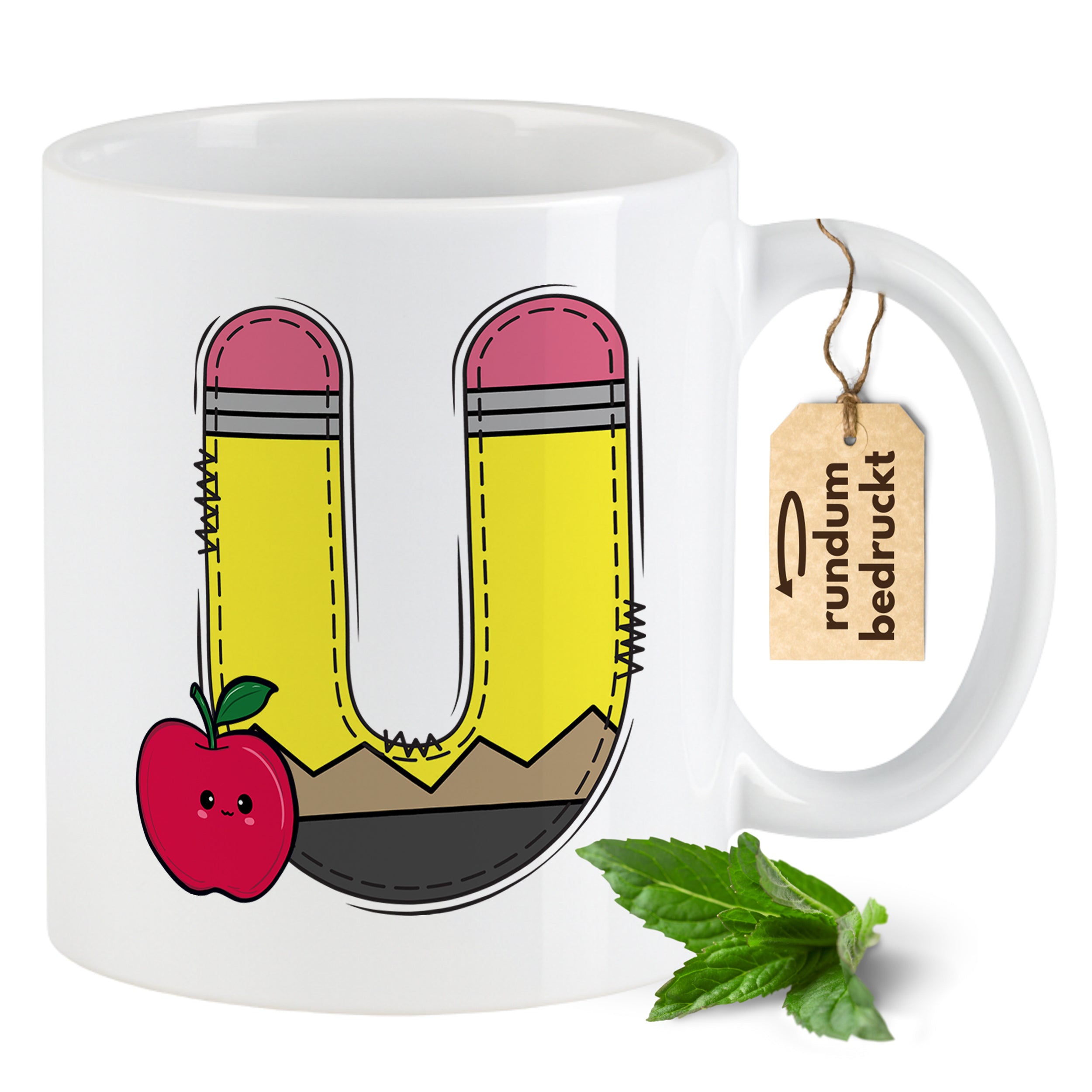 Tasse mit buntem Bleistift-Design und Apfel.