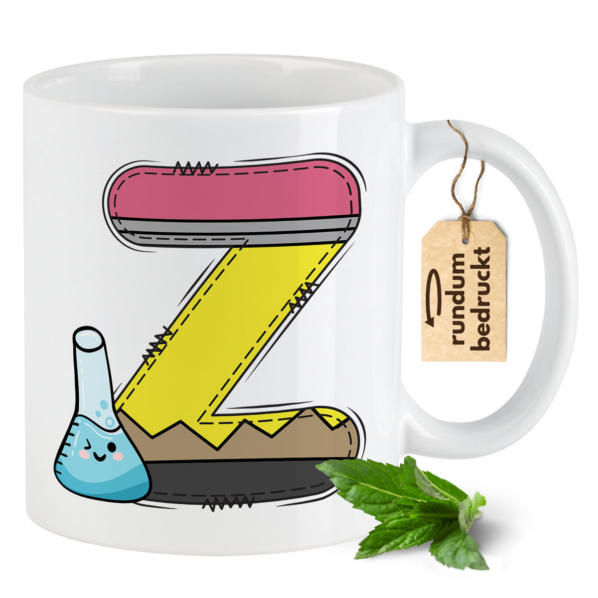 Tasse mit buntem "Z" und Erlenmeyerkolben-Design.