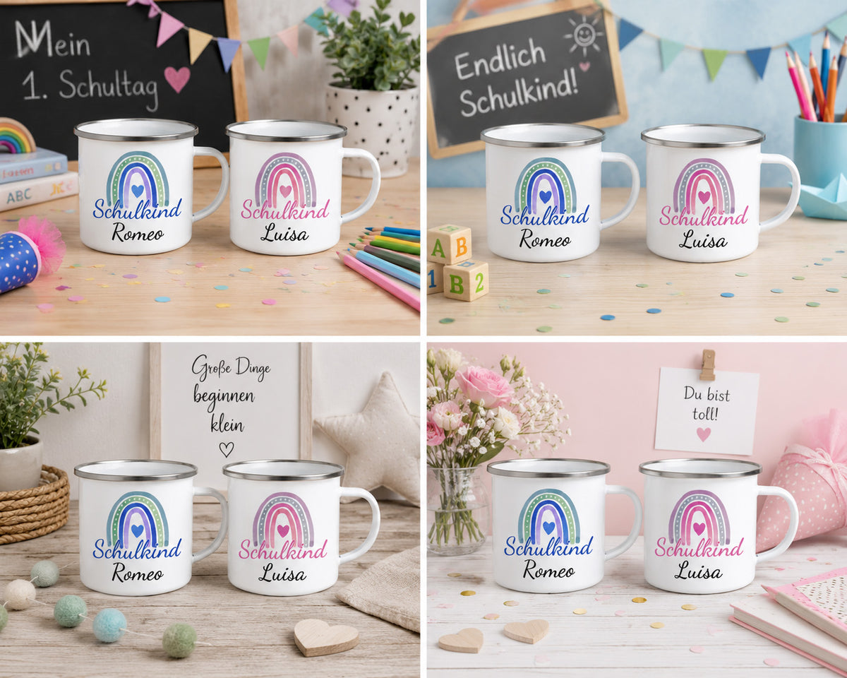 Personalisierte Emaille-Tassen mit Regenbogenmotiven in Rosa und Blau.