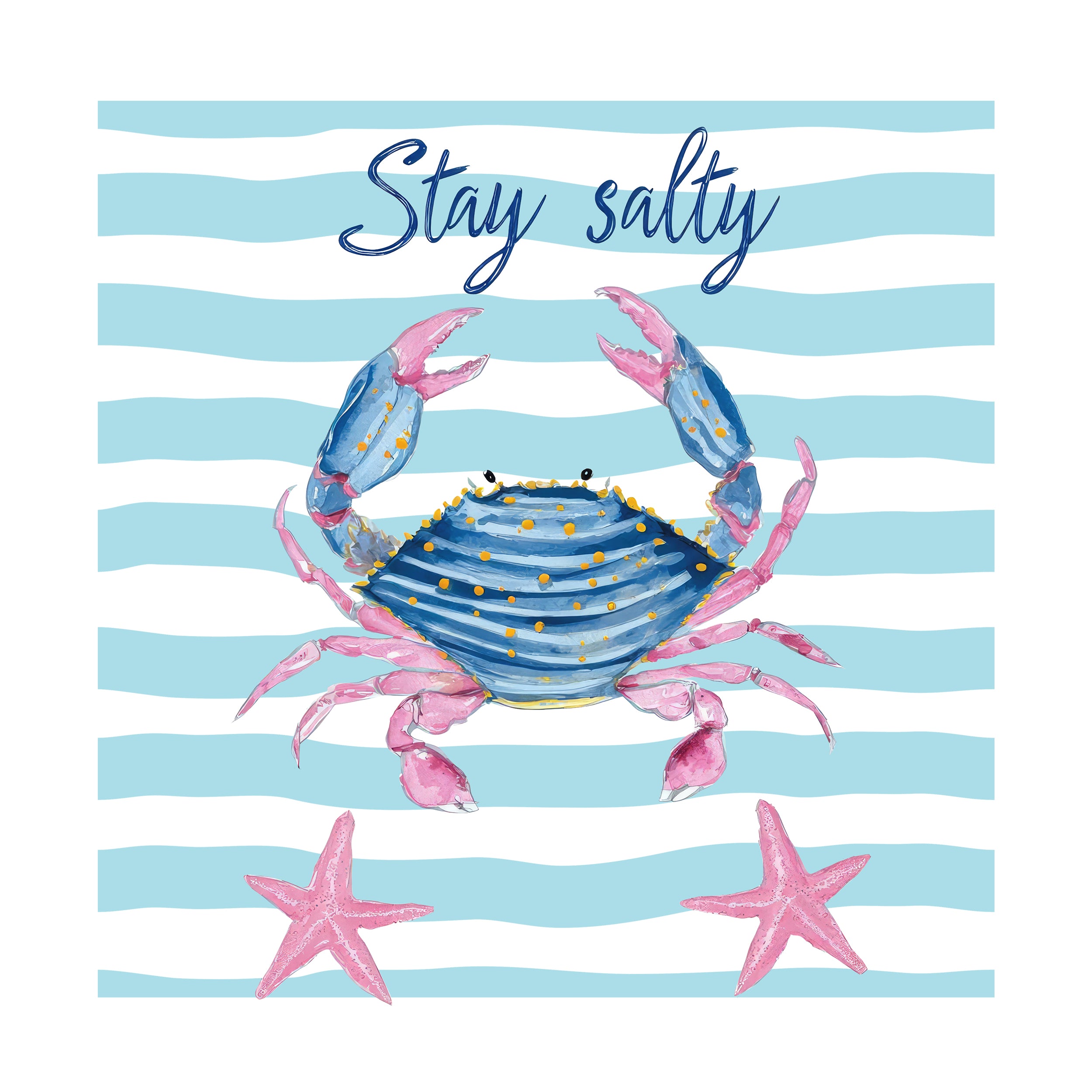 Blauer Krebs mit pinken Scheren, gestreifter Hintergrund, "Stay salty".