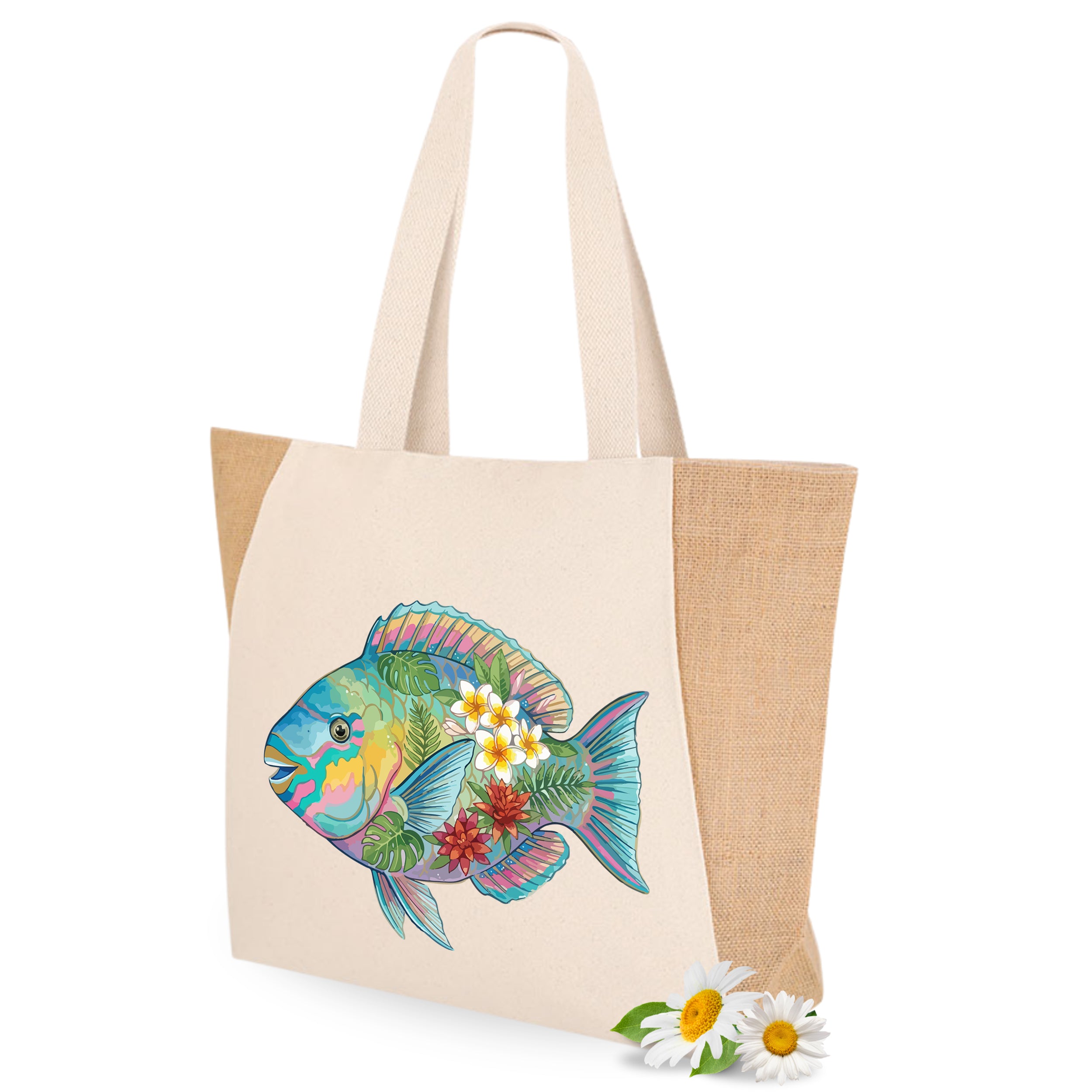 Strandtasche Coquette Fisch Design Große Jutetasche mit Print Umweltfreundliche Einkaufstasche für den Sommer