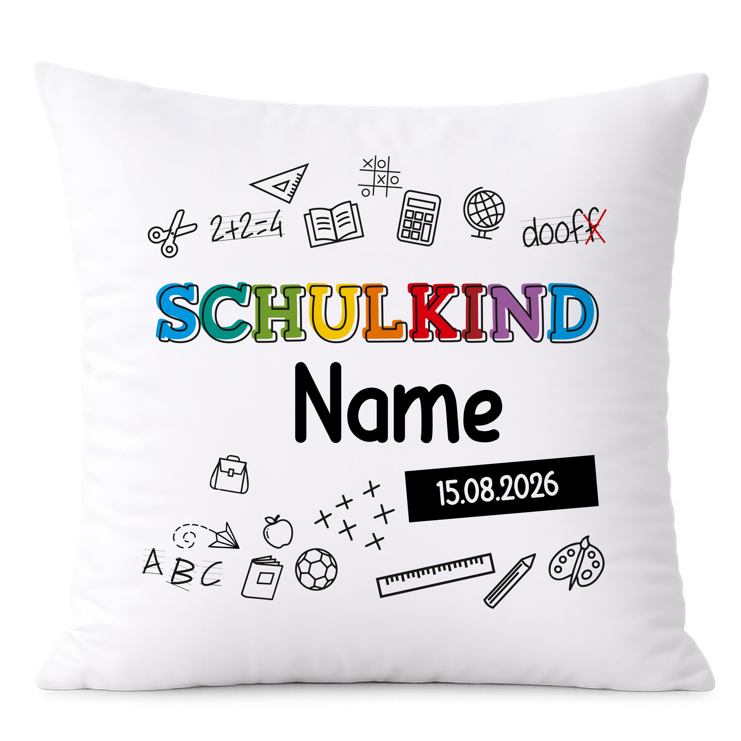 Kissen mit buntem "SCHULKIND" und personalisierbarem Namen.