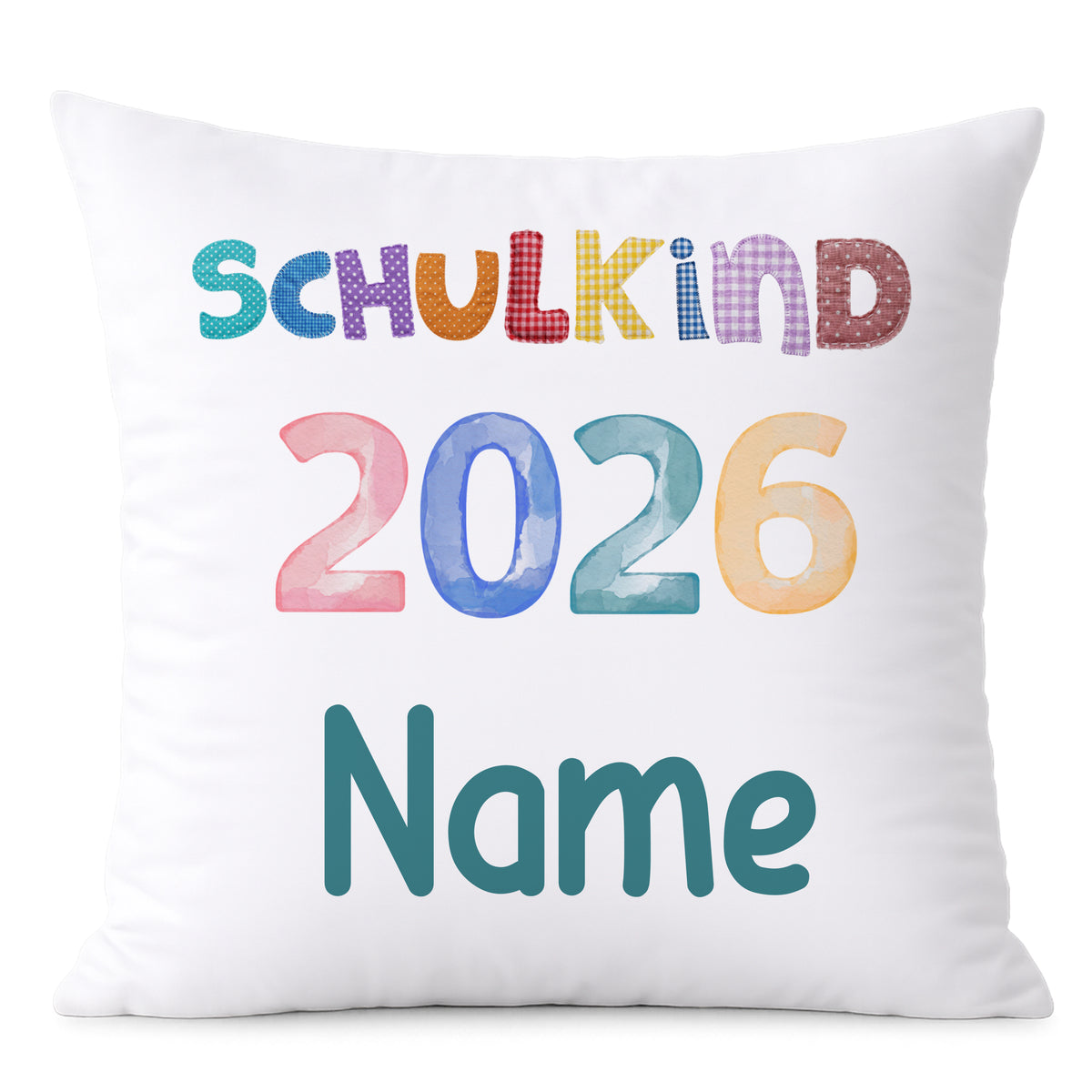 Kissen mit buntem Aufdruck "Schulkind 2026" und Platz für Namen.
