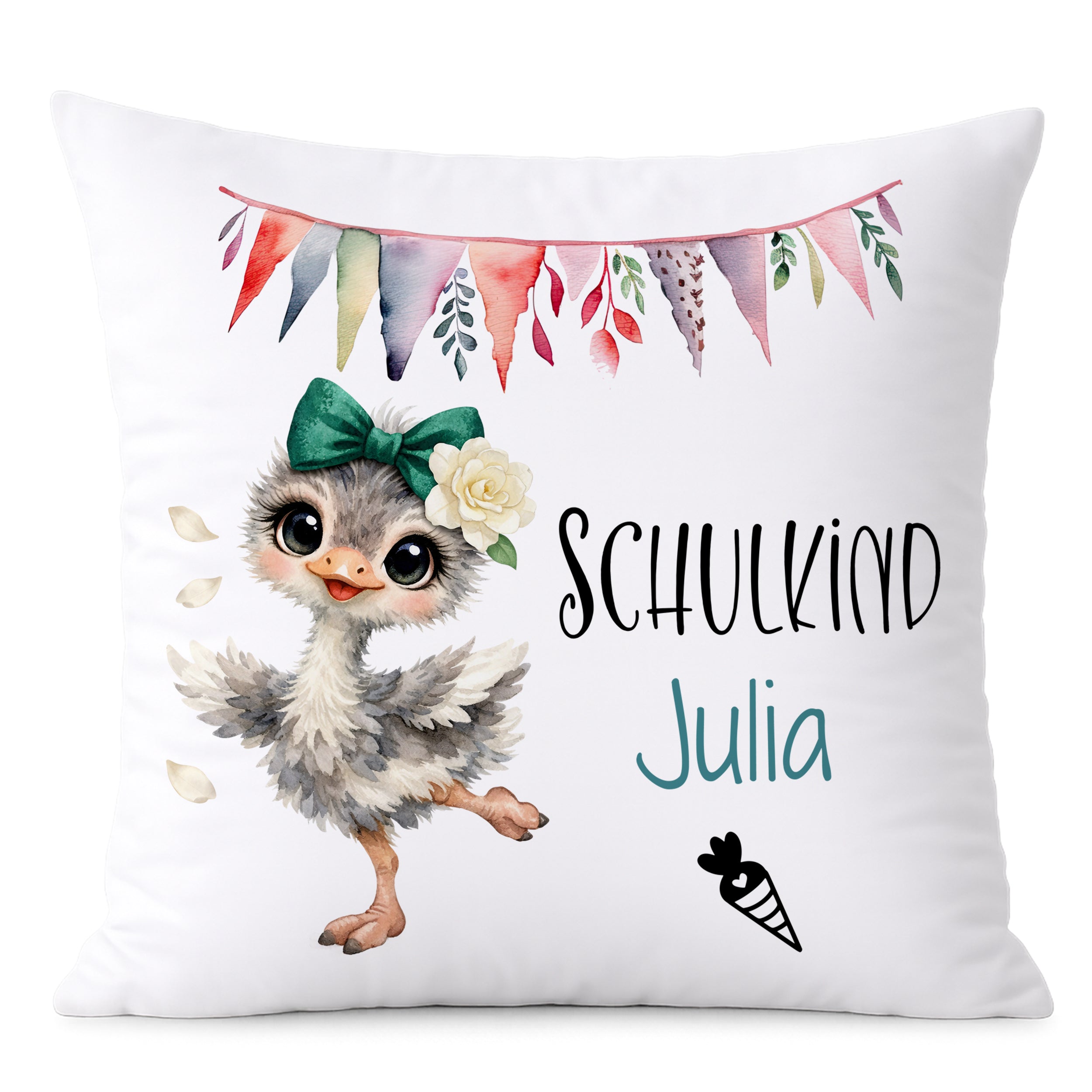 Kissen mit Schulkind-Design, grau-weiß, niedliches Küken.