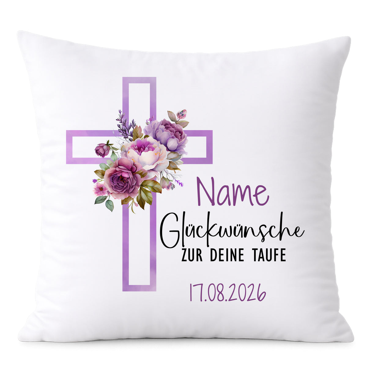 Kissen mit lila Kreuz und Blumen, Taufe, personalisierbar.