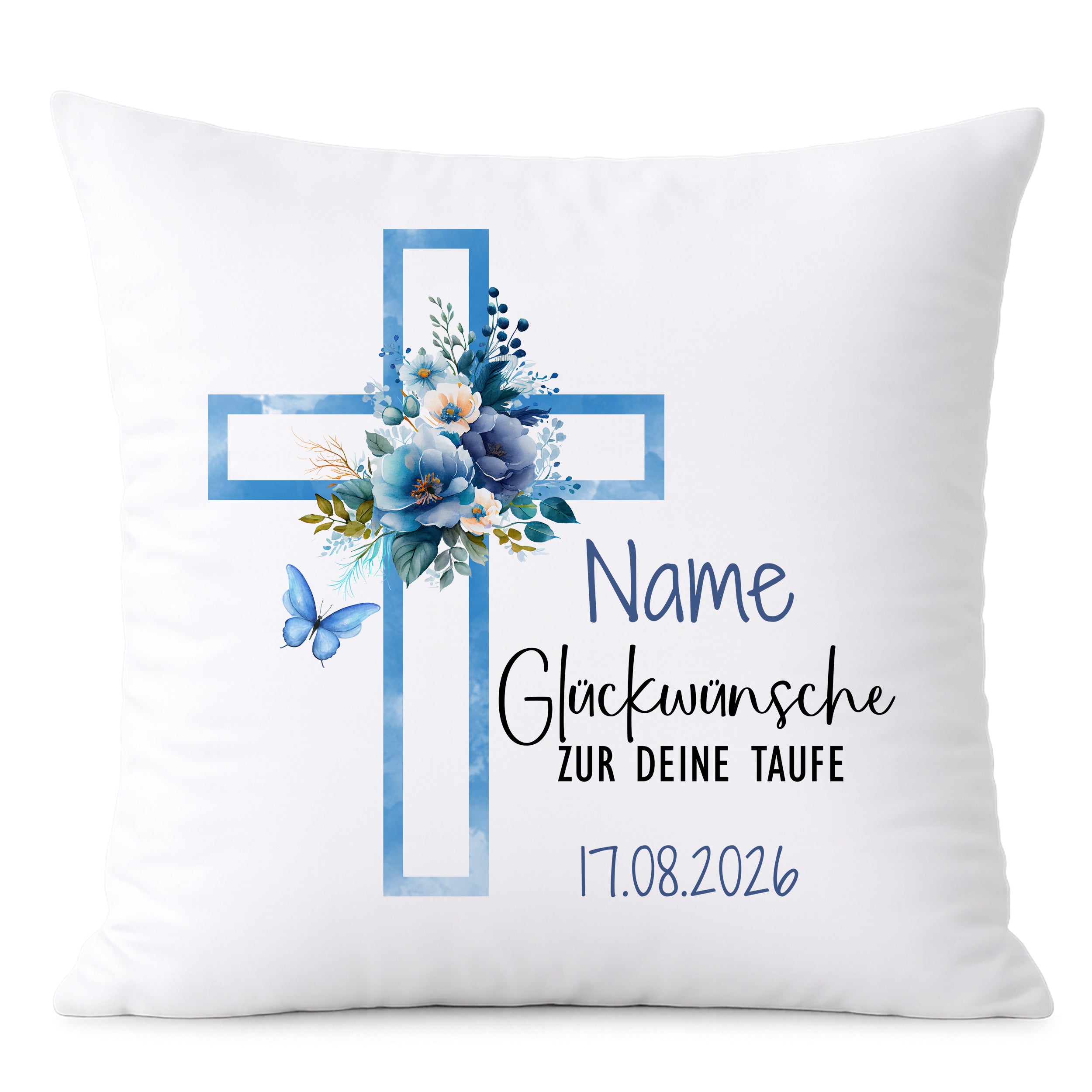Kissen mit blauem Kreuz und Blumenmotiven zur Taufe.