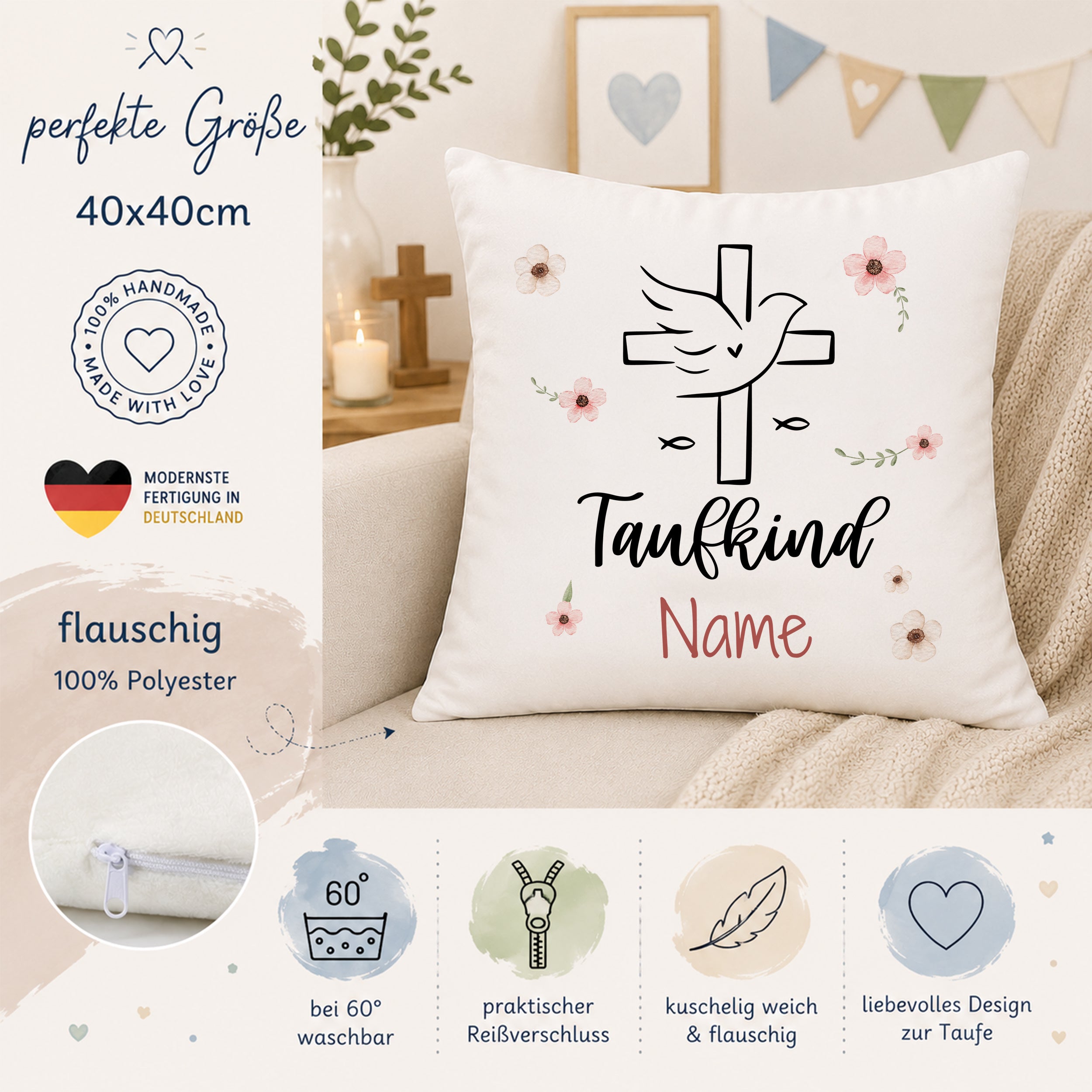 Kissen 40x40 cm, flauschig, mit Kreuz und Taube, personalisierbar.