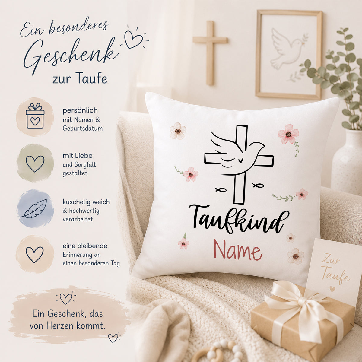 Kissen zur Taufe mit Kreuz, Taube und personalisierbarem Namen.