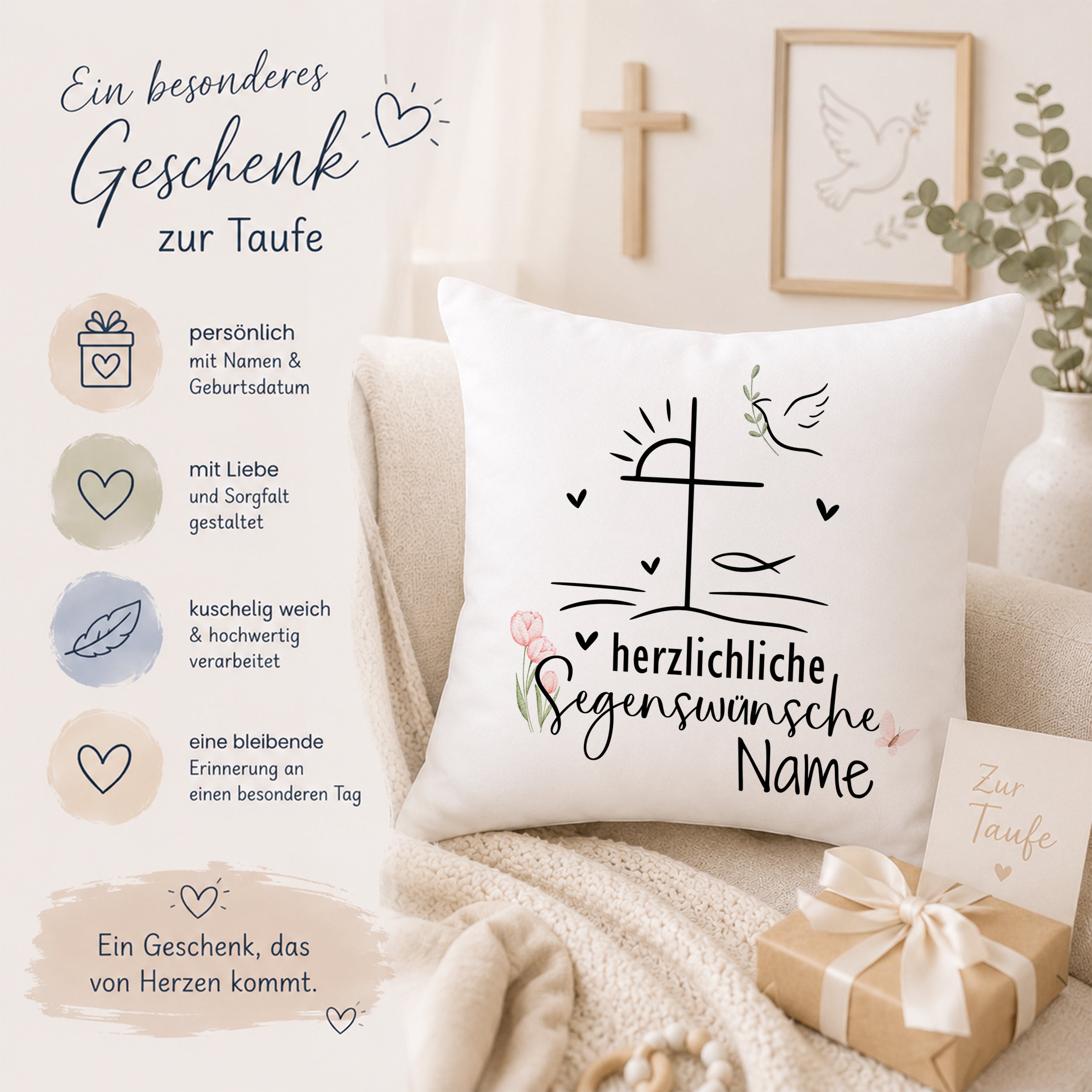 Kissen zur Taufe mit herzlichen Segenswünschen und Namen.