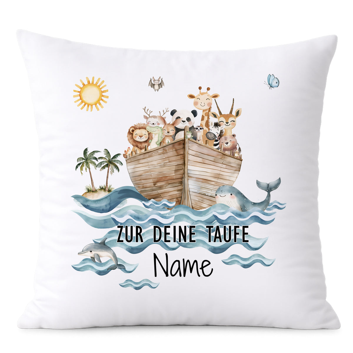 Kissen mit bunten Tieren und Taufe-Design, weiß.