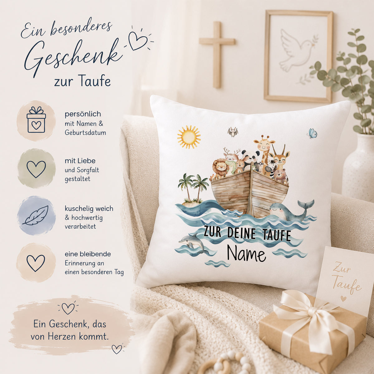 Kissen zur Taufe mit Tiermotiven und personalisierbarem Text.