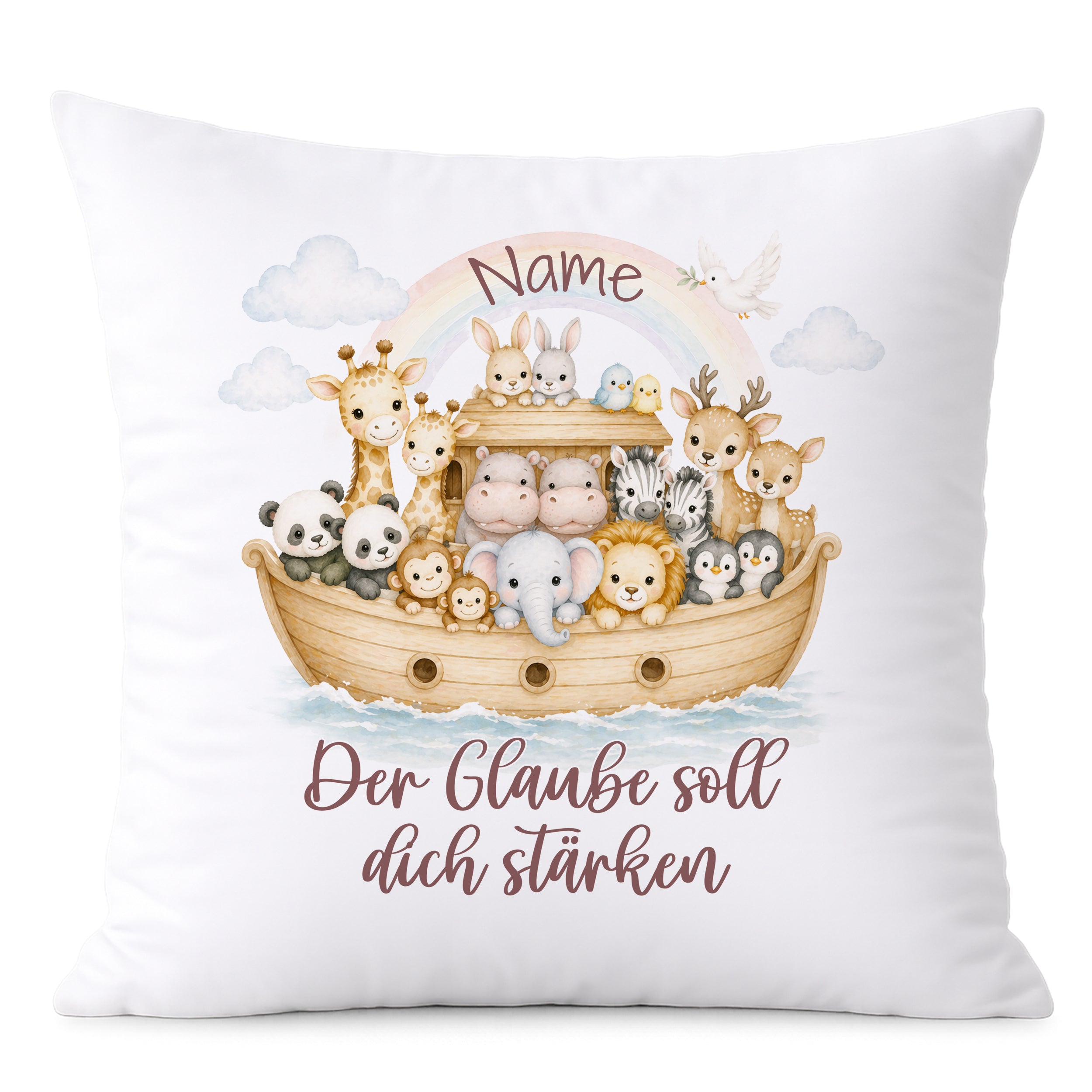 Kissen mit bunten Tieren auf einem Boot und Regenbogen.