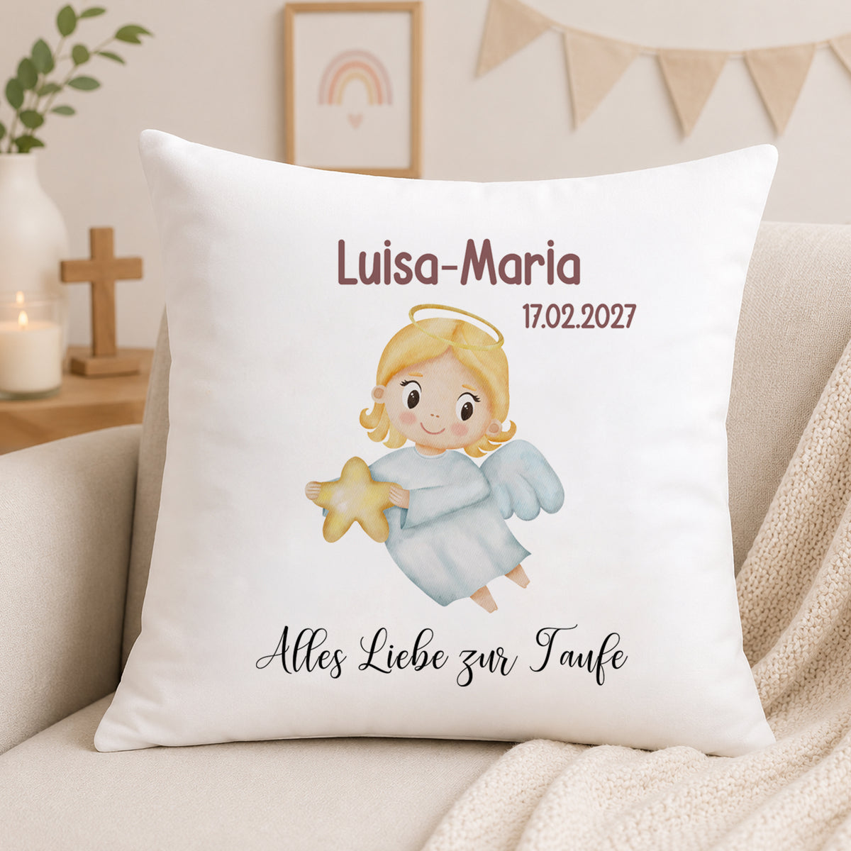 Kissen mit Engel, personalisiert für Luisa-Maria zur Taufe.