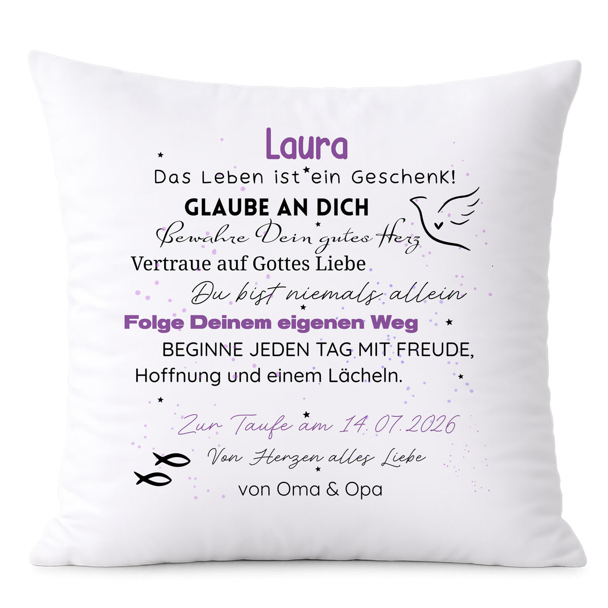 Kissen mit persönlicher Botschaft in Weiß und Lila.