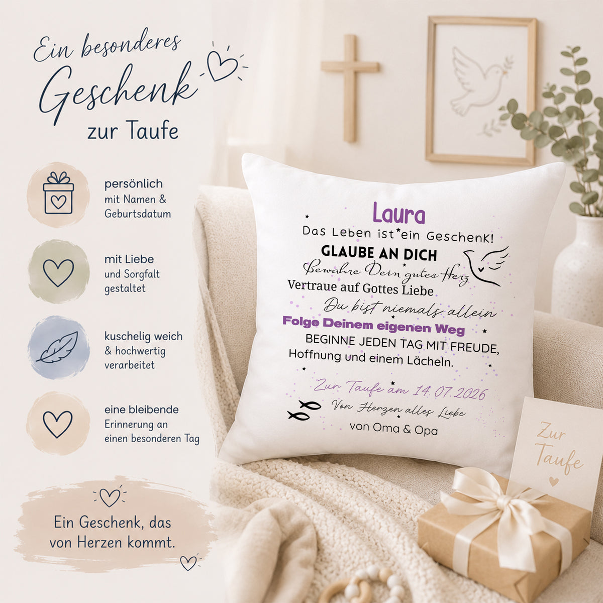 Kissen zur Taufe mit personalisiertem Text in Pastellfarben.