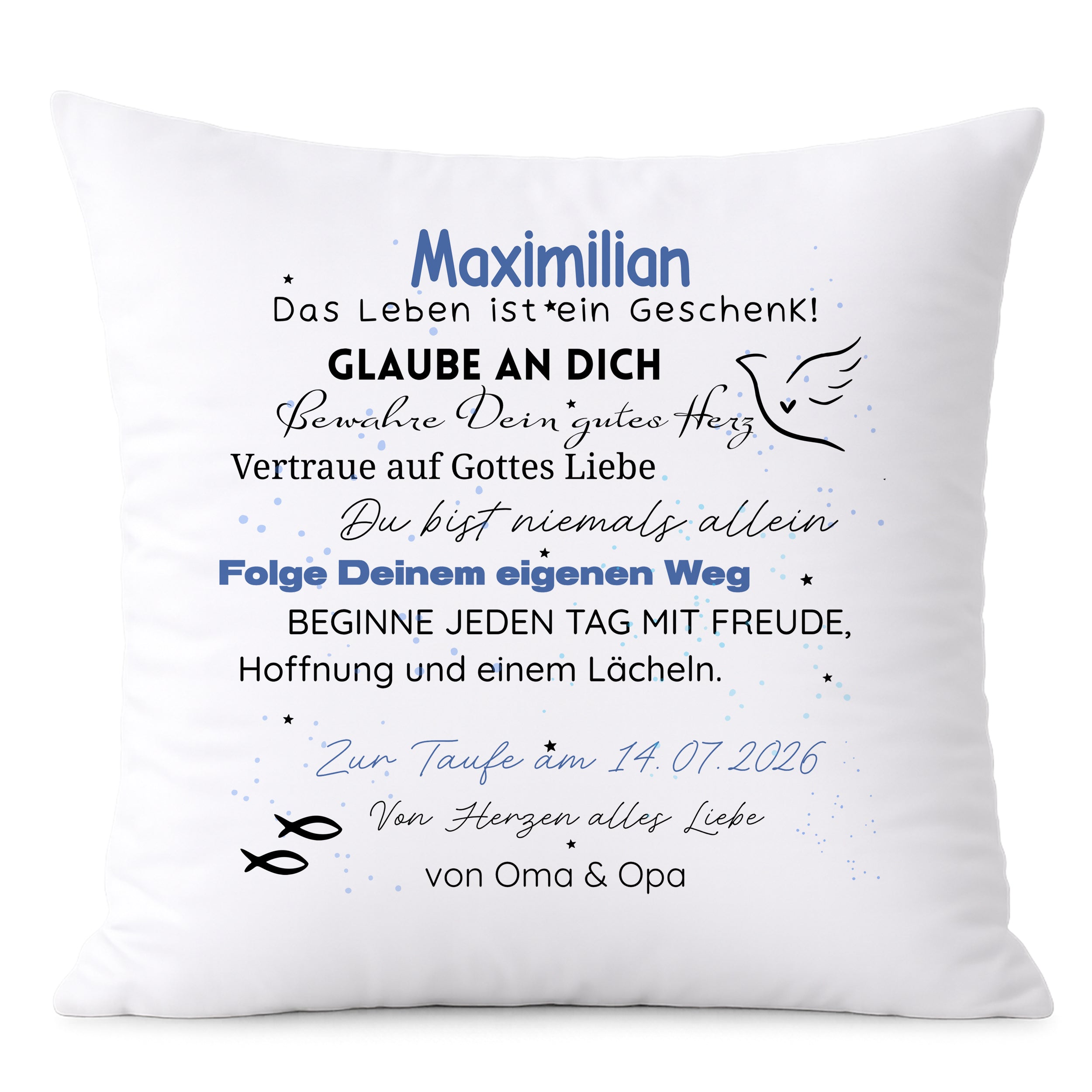 Kissen mit Taufspruch für Maximilian in Weiß und Blau.