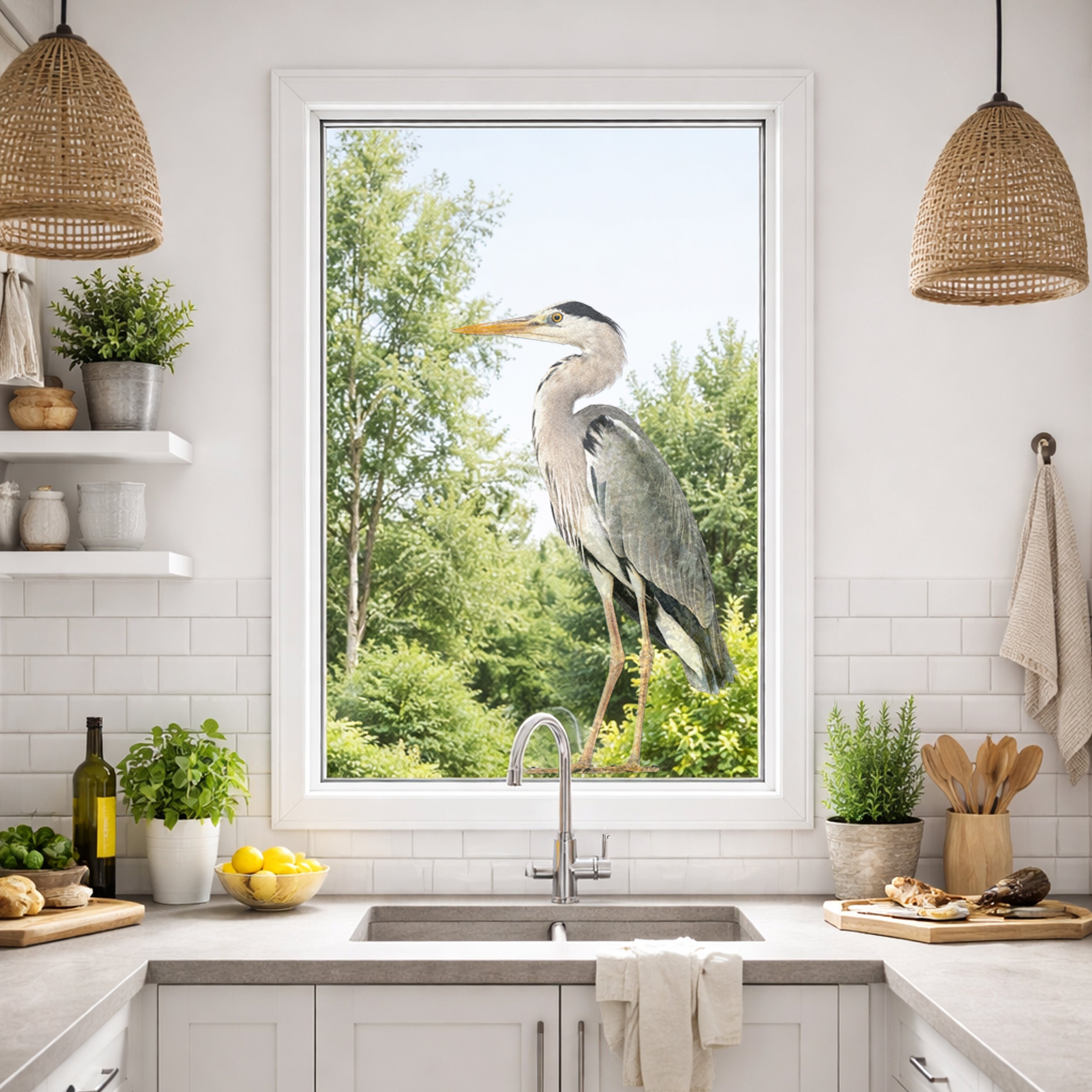 Grauer Reiher vor einem hellen Küchenfenster.