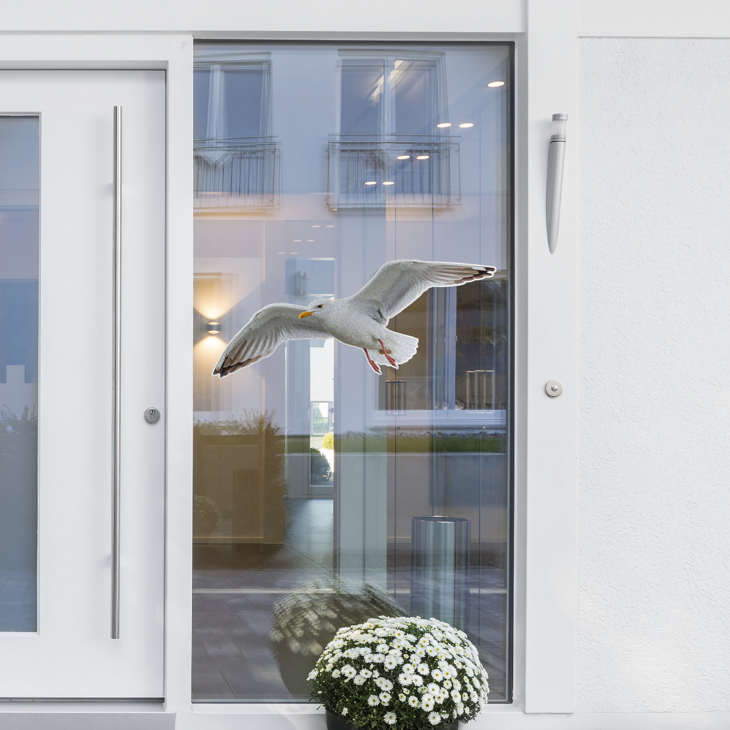 Fliegende Möwe vor modernem Fenster, weiße Blütenpflanze im Vordergrund.
