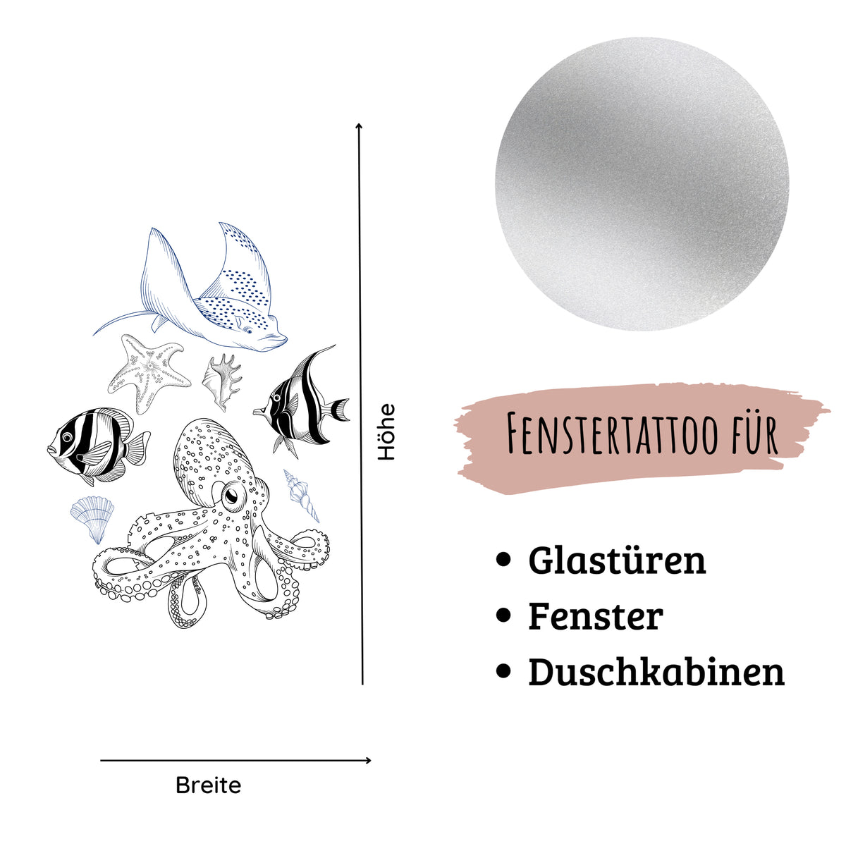 Fenstertattoo mit Oktopus und Meerestieren in Schwarz-Weiß.