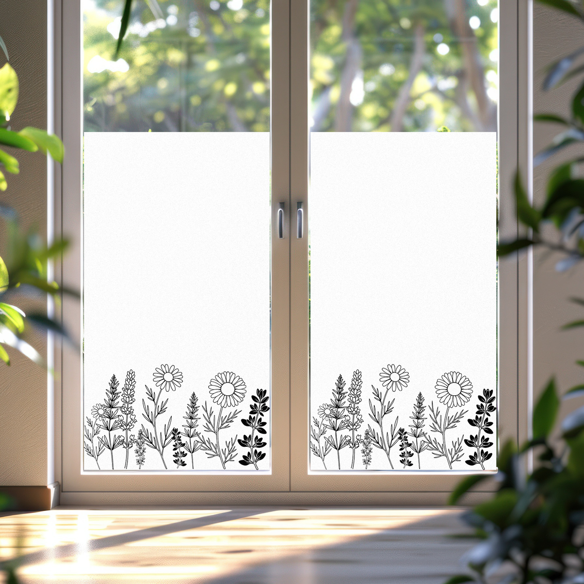Fensterfolie mit schwarzen Pflanzenmotiven und transparentem Hintergrund.