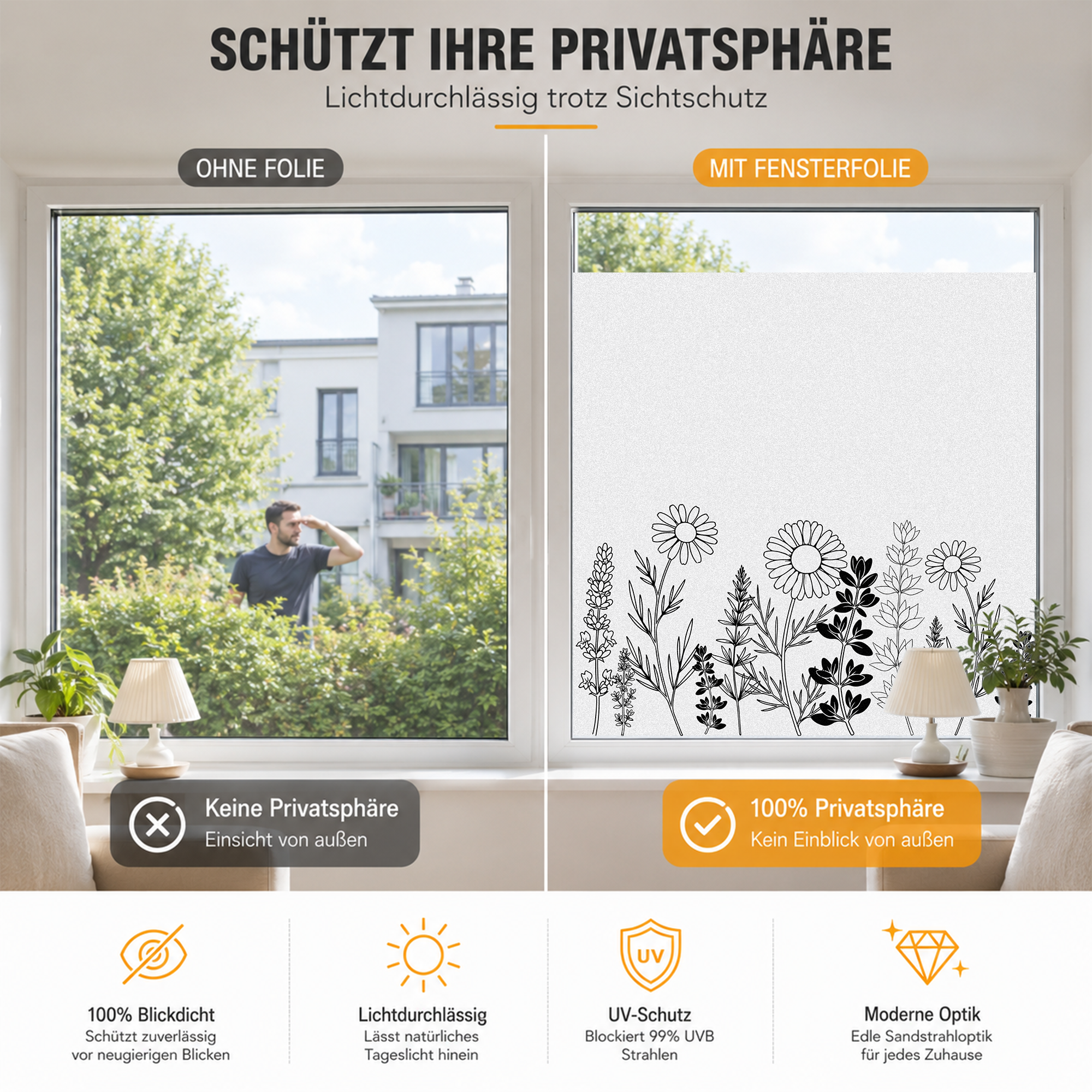 Fensterfolie mit floralem Design, schützt die Privatsphäre.