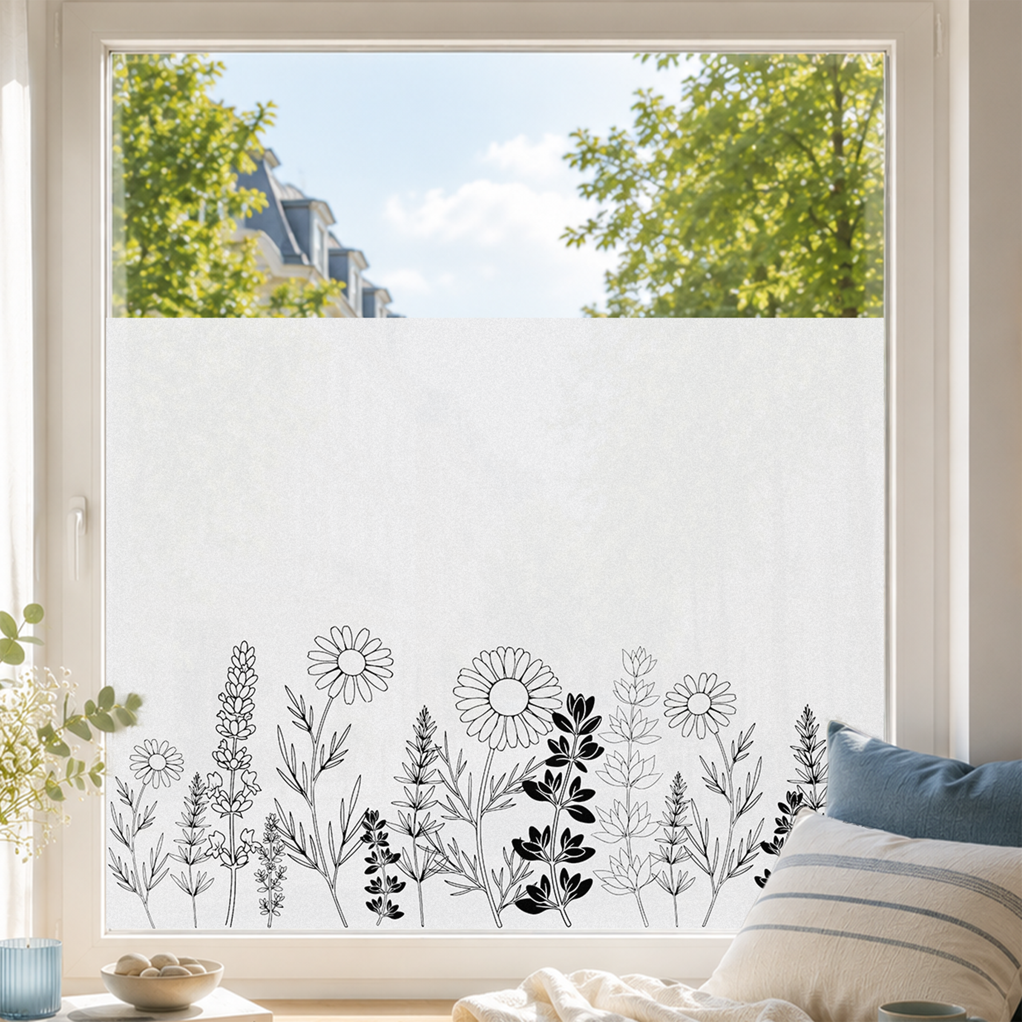 Fensterfolie mit schwarzen Blumenmotiven auf transparentem Hintergrund.