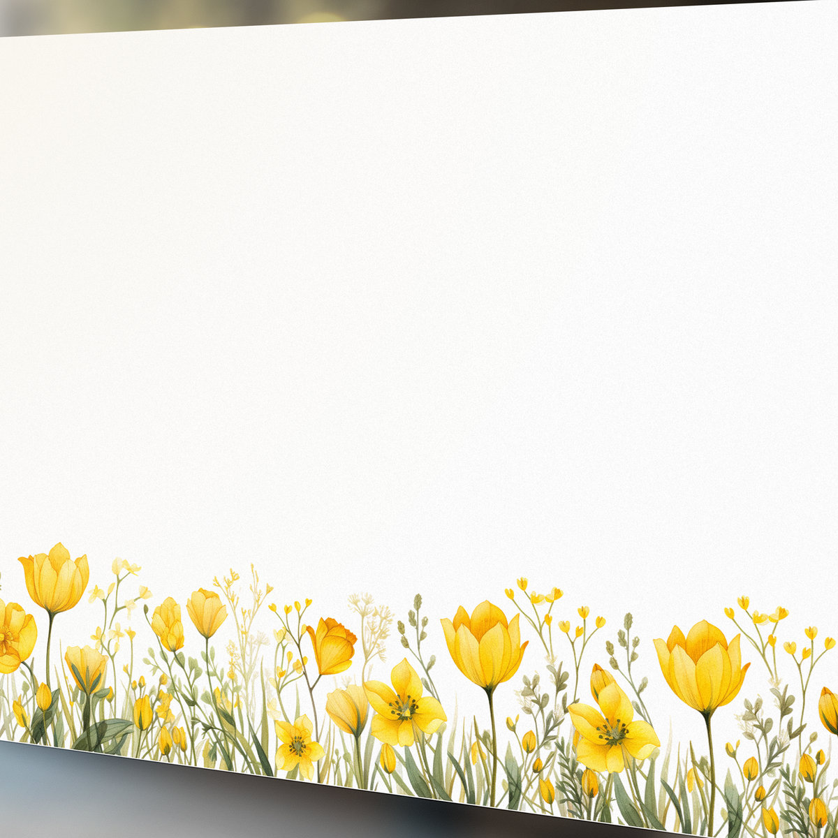 Gelbe Blumen mit grünen Blättern am unteren Rand.
