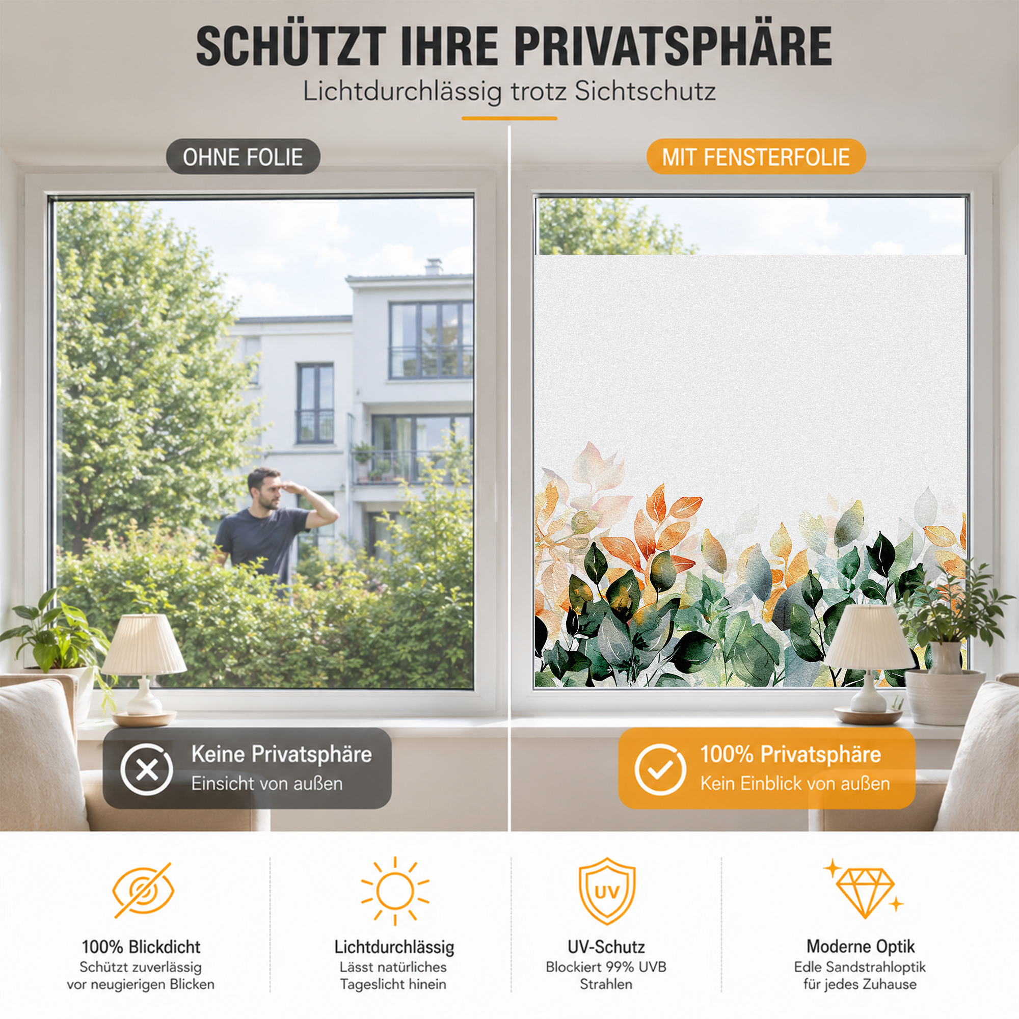 Fenster mit Sichtschutzfolie, grüne Blätter, lichtdurchlässig.