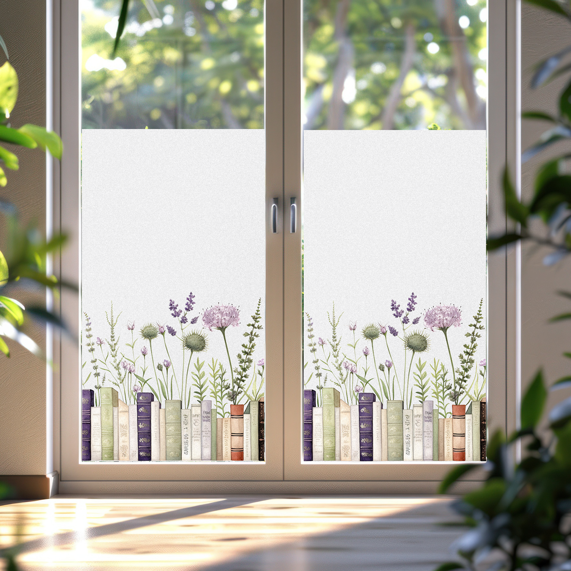 Fensterfolie mit bunten Büchern und Blumenmotiven.