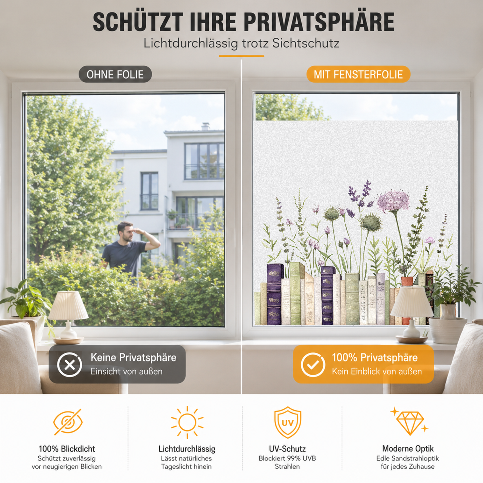 Fensterfolie mit Pflanzenmotiven, schützt Privatsphäre, lichtdurchlässig.